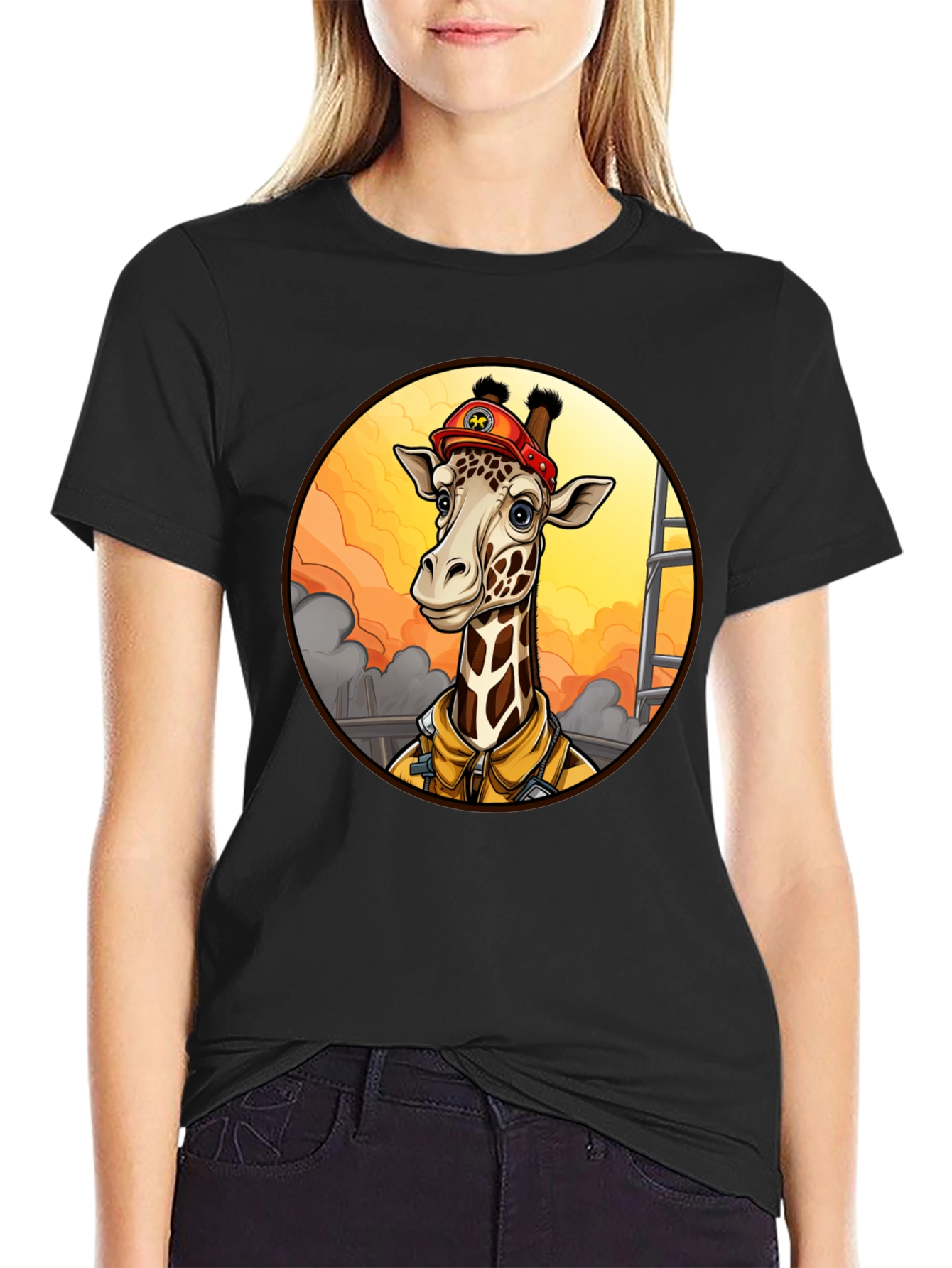 Giraffe Firefighter T-Shirt - Unique Cartoon Design