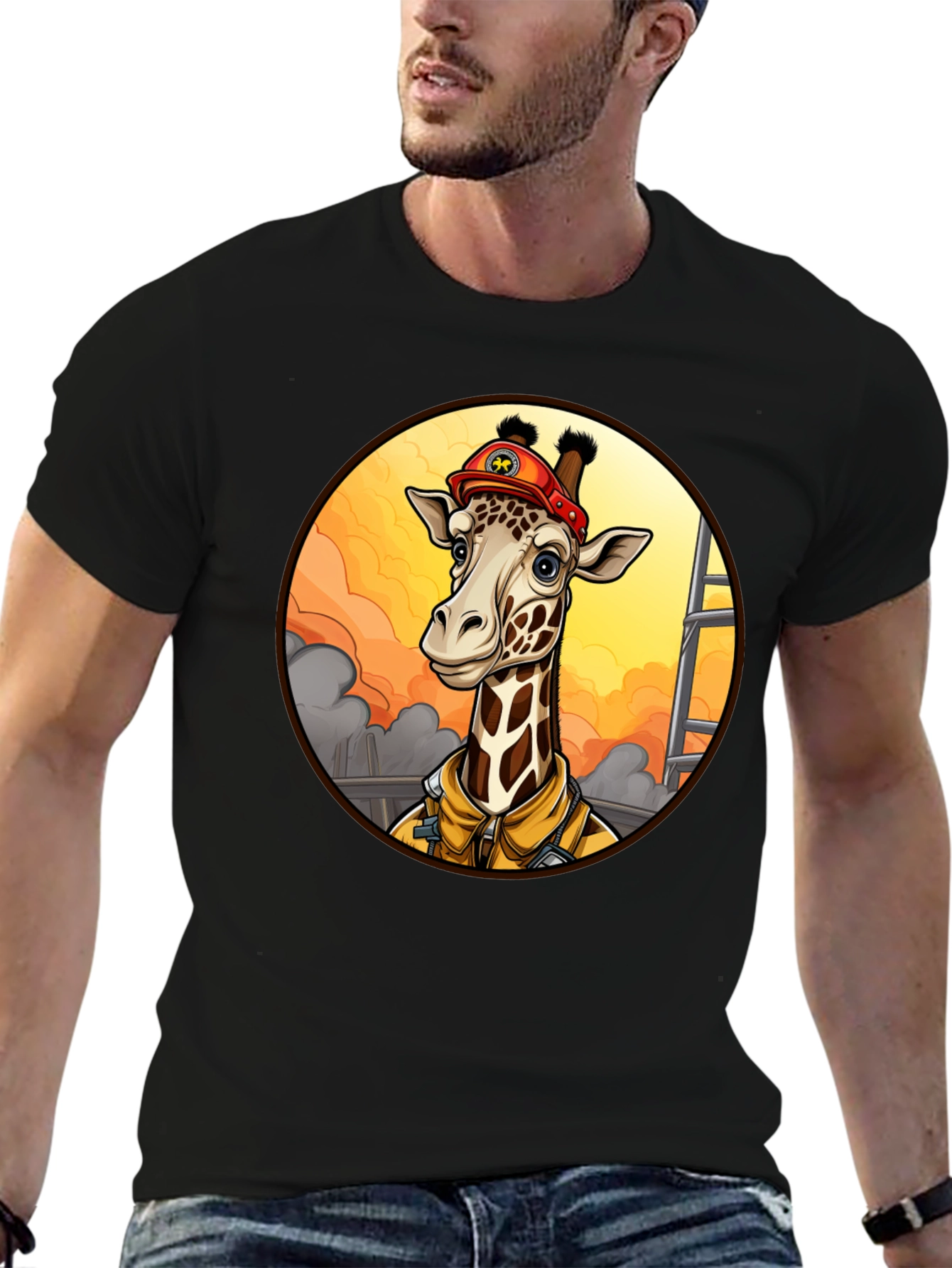 Giraffe Firefighter T-Shirt - Unique Cartoon Design