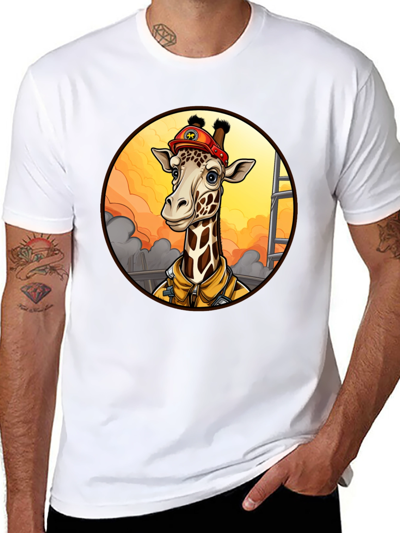 Giraffe Firefighter T-Shirt - Unique Cartoon Design