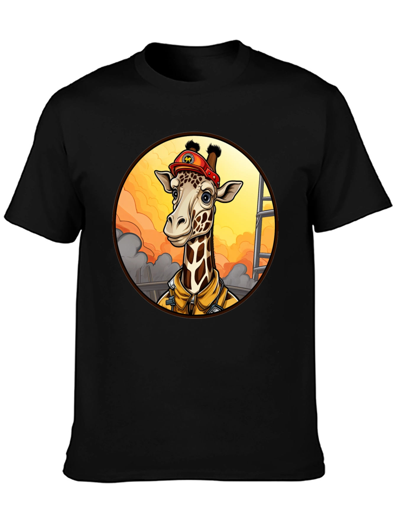 Giraffe Firefighter T-Shirt - Unique Cartoon Design