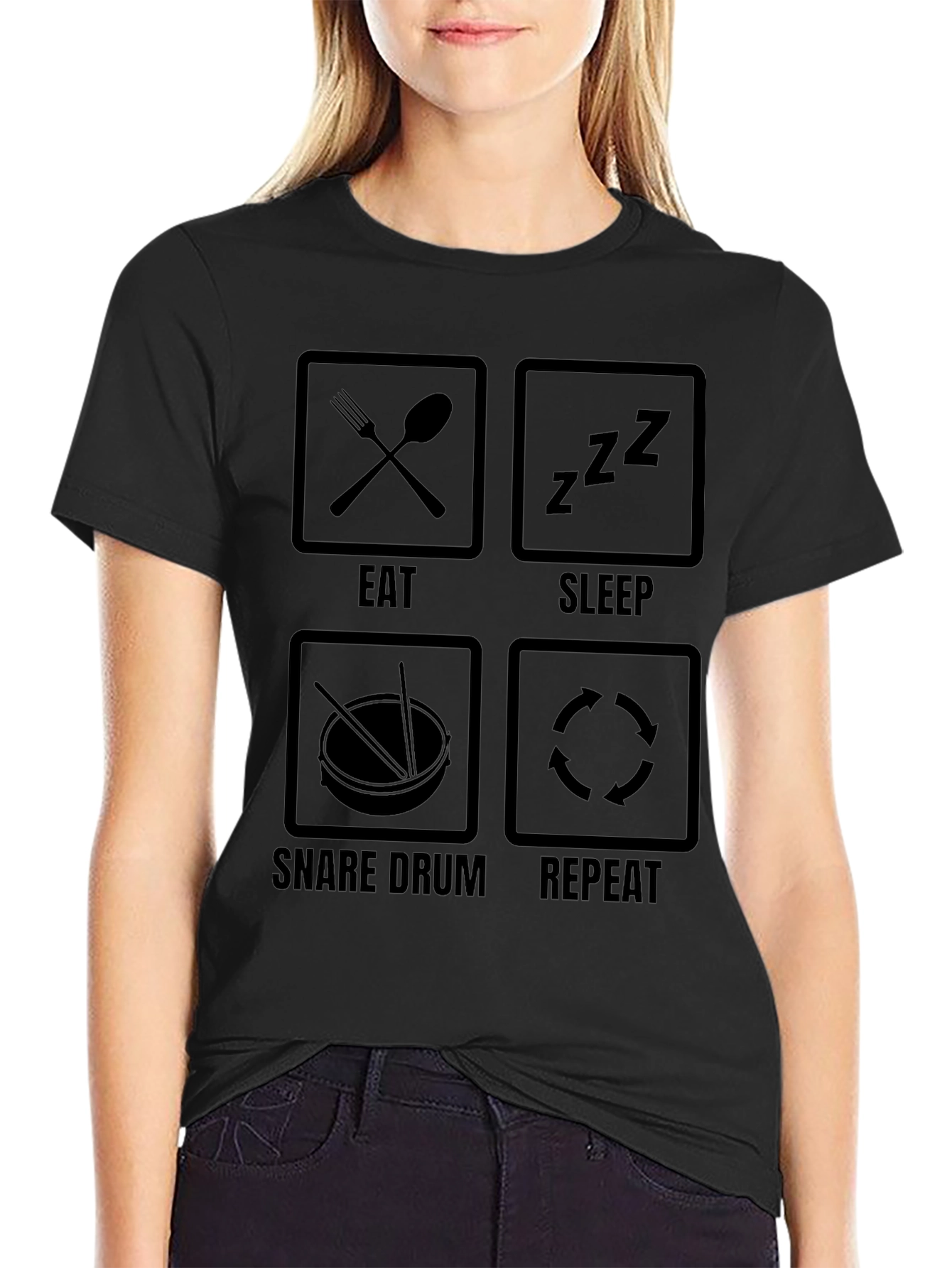 Eat Sleep Snare Drum Repeat Black T-Shirt