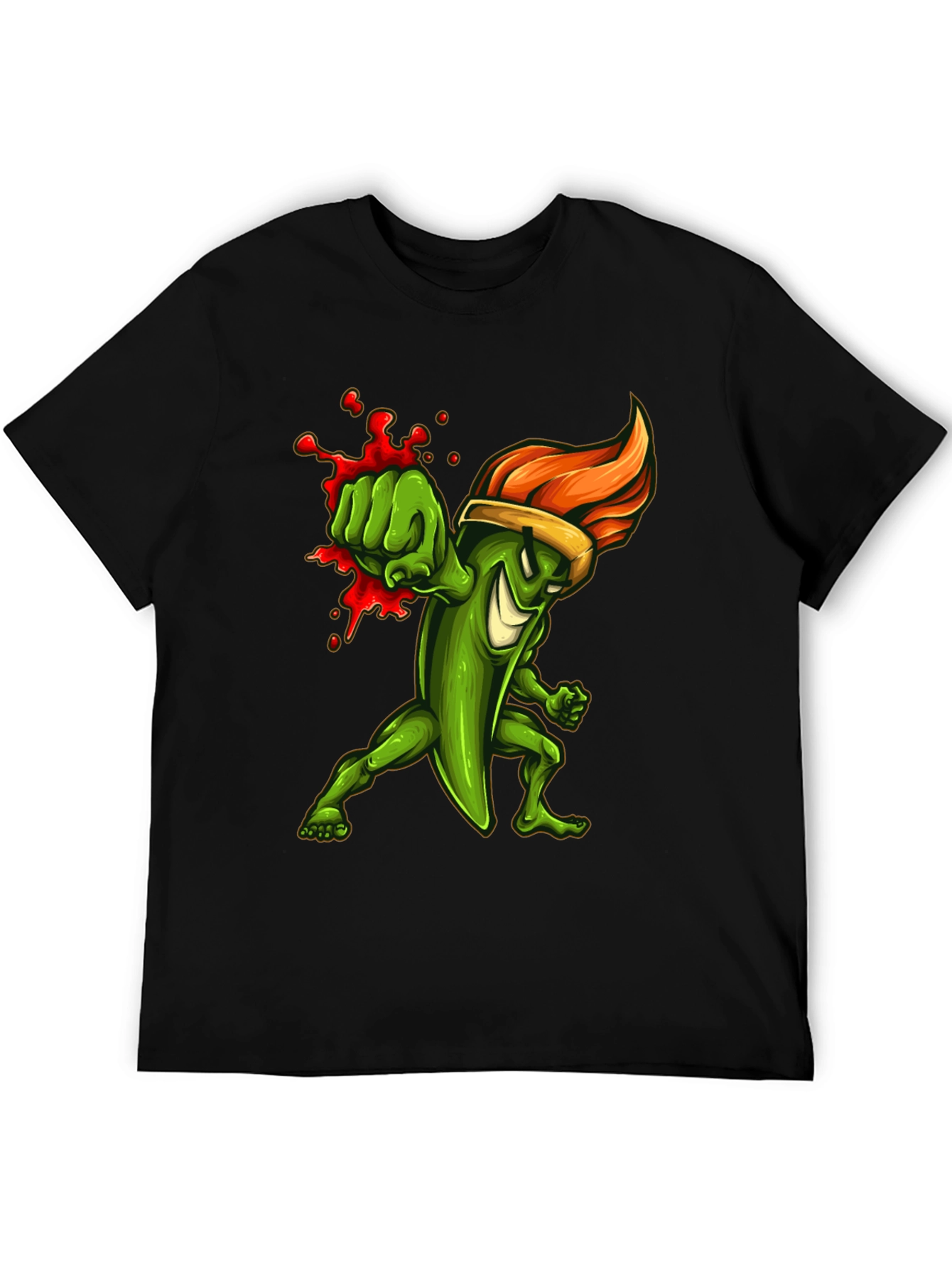Spicy Green Pepper Punch Graphic Tee - Black Cotton