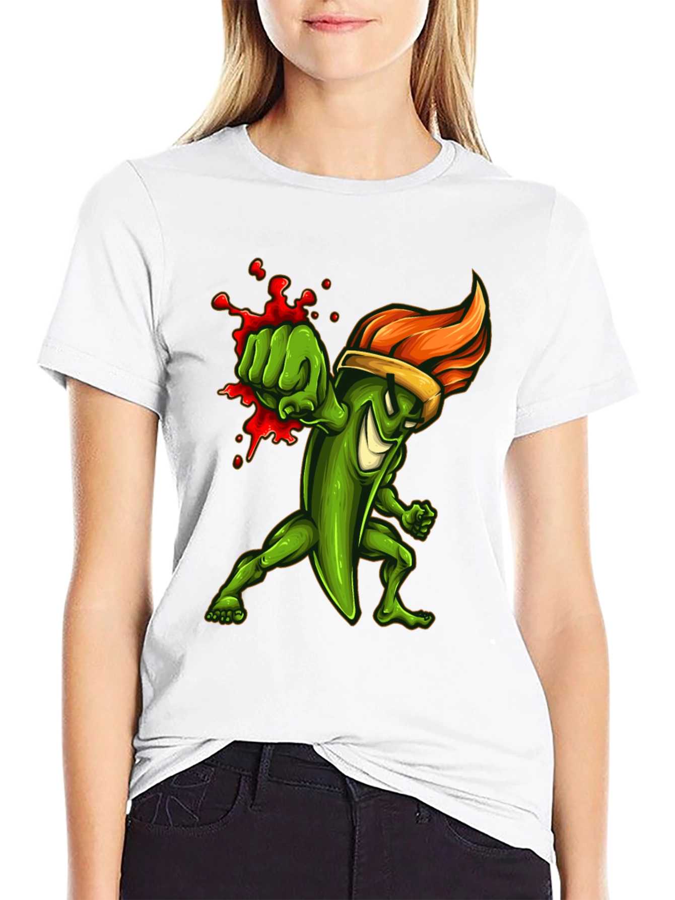 Spicy Green Pepper Punch Graphic Tee - Black Cotton