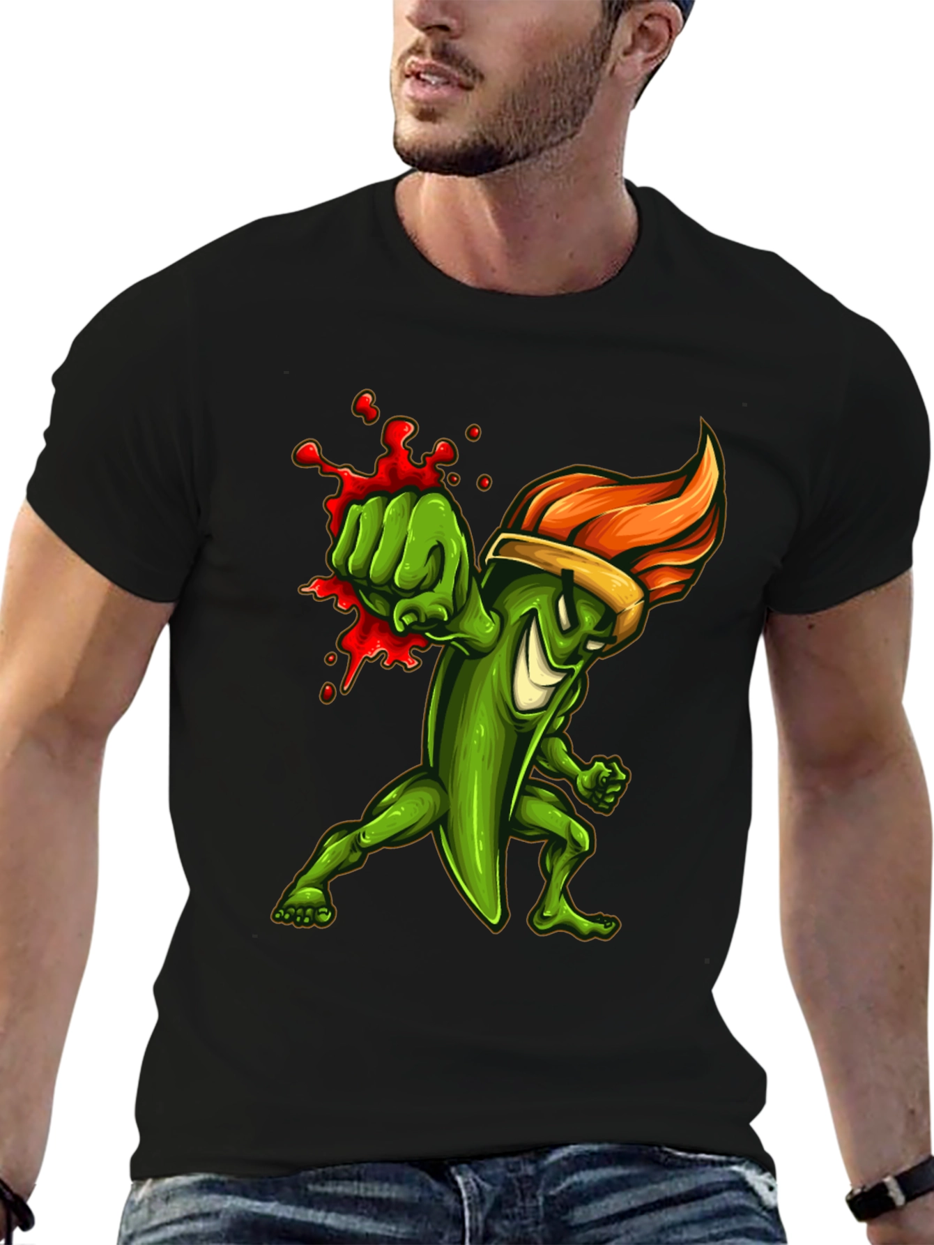 Spicy Green Pepper Punch Graphic Tee - Black Cotton