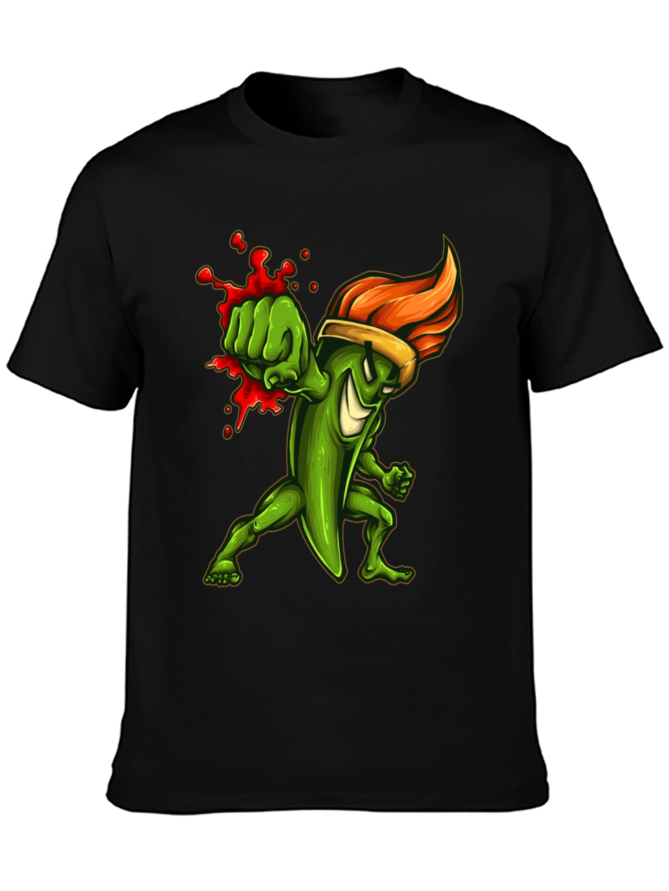 Spicy Green Pepper Punch Graphic Tee - Black Cotton