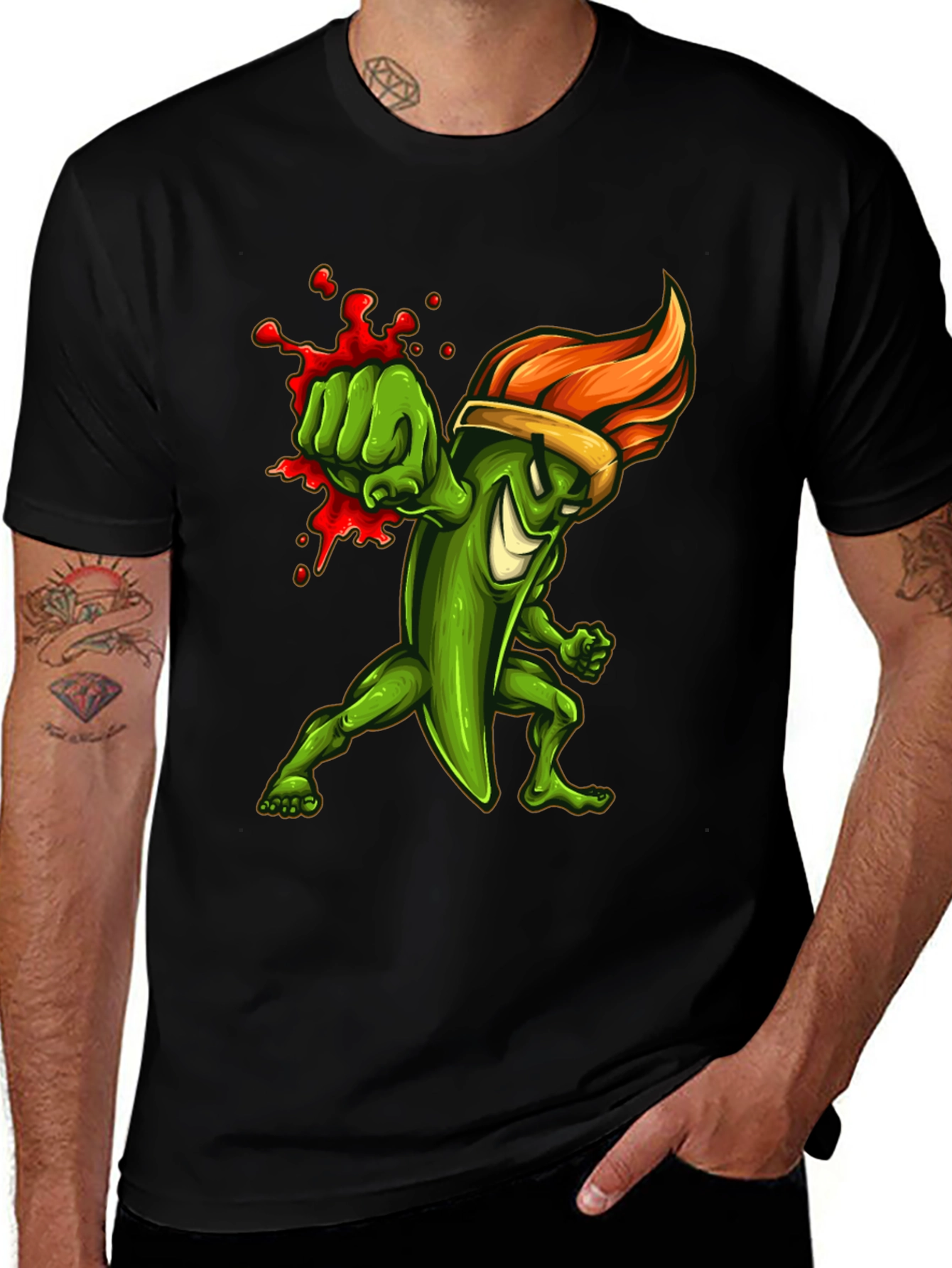 Spicy Green Pepper Punch Graphic Tee - Black Cotton