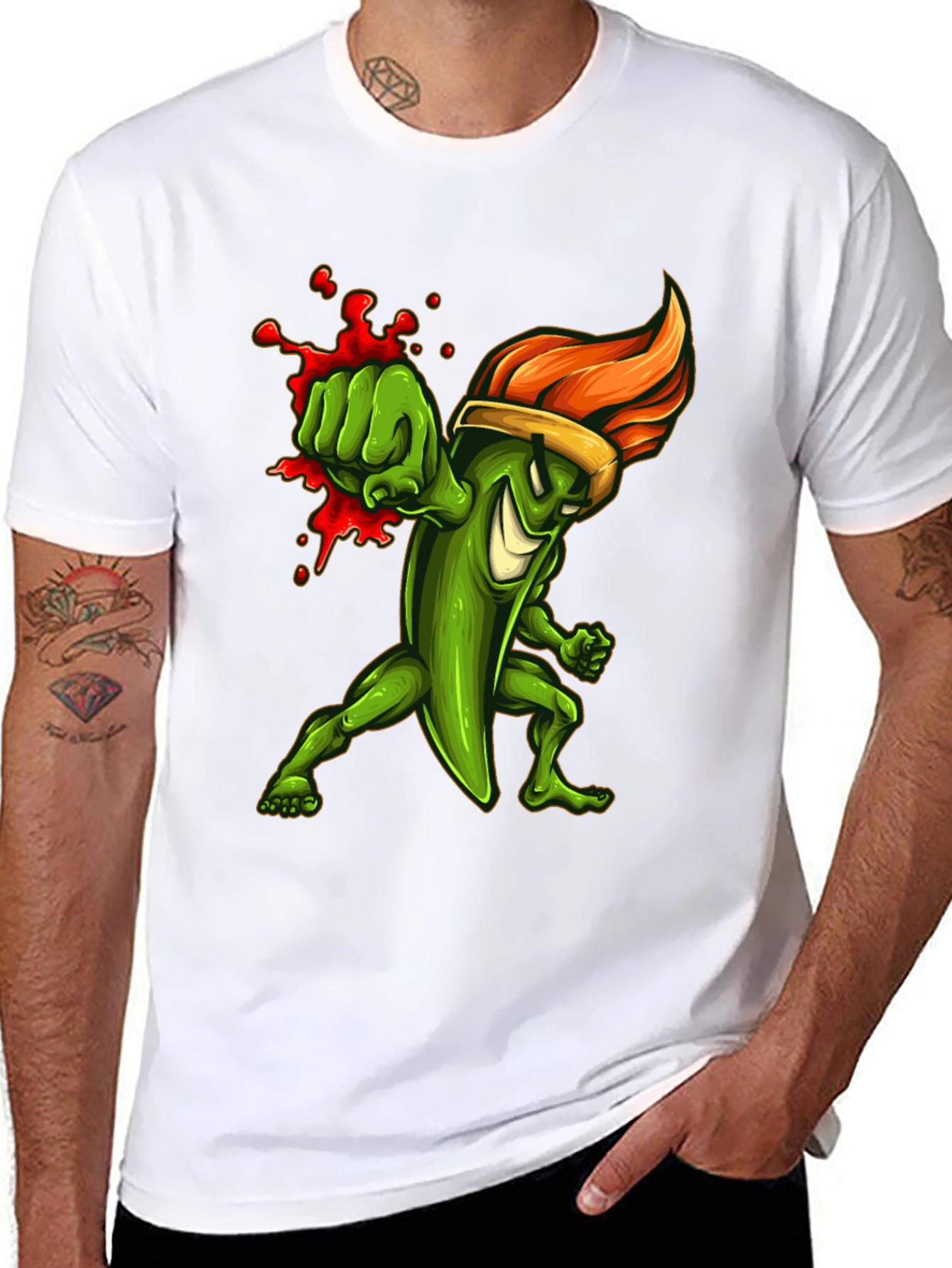 Spicy Green Pepper Punch Graphic Tee - Black Cotton