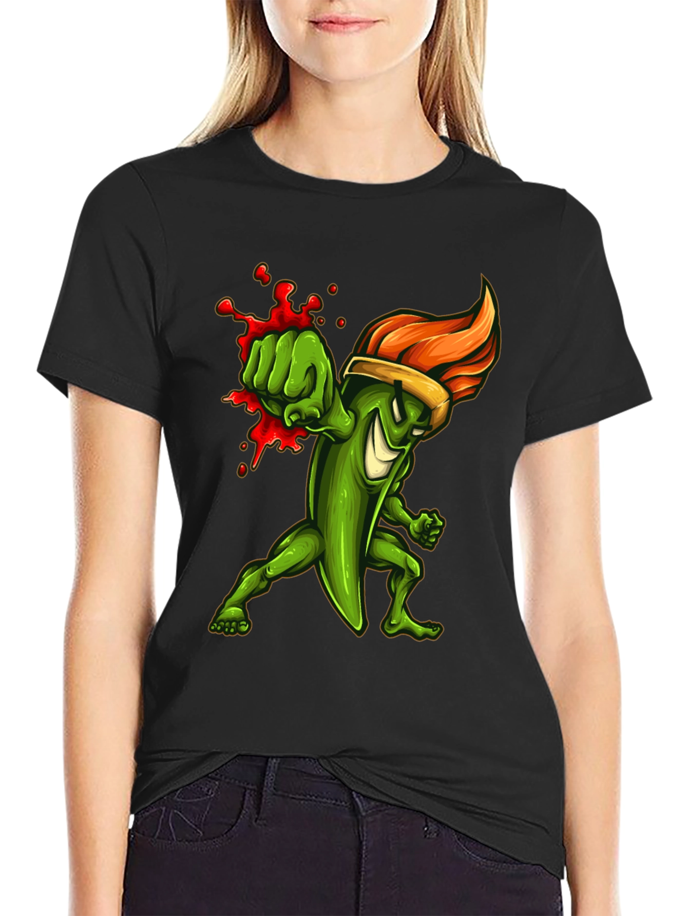 Spicy Green Pepper Punch Graphic Tee - Black Cotton