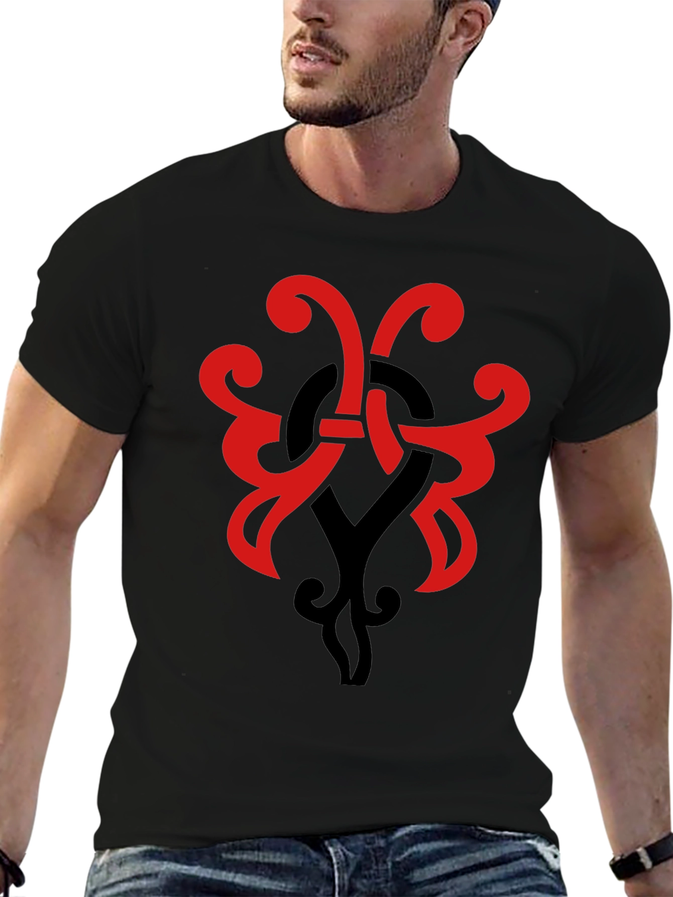 Stylish Black T-Shirt with Red & Black Tribal Design