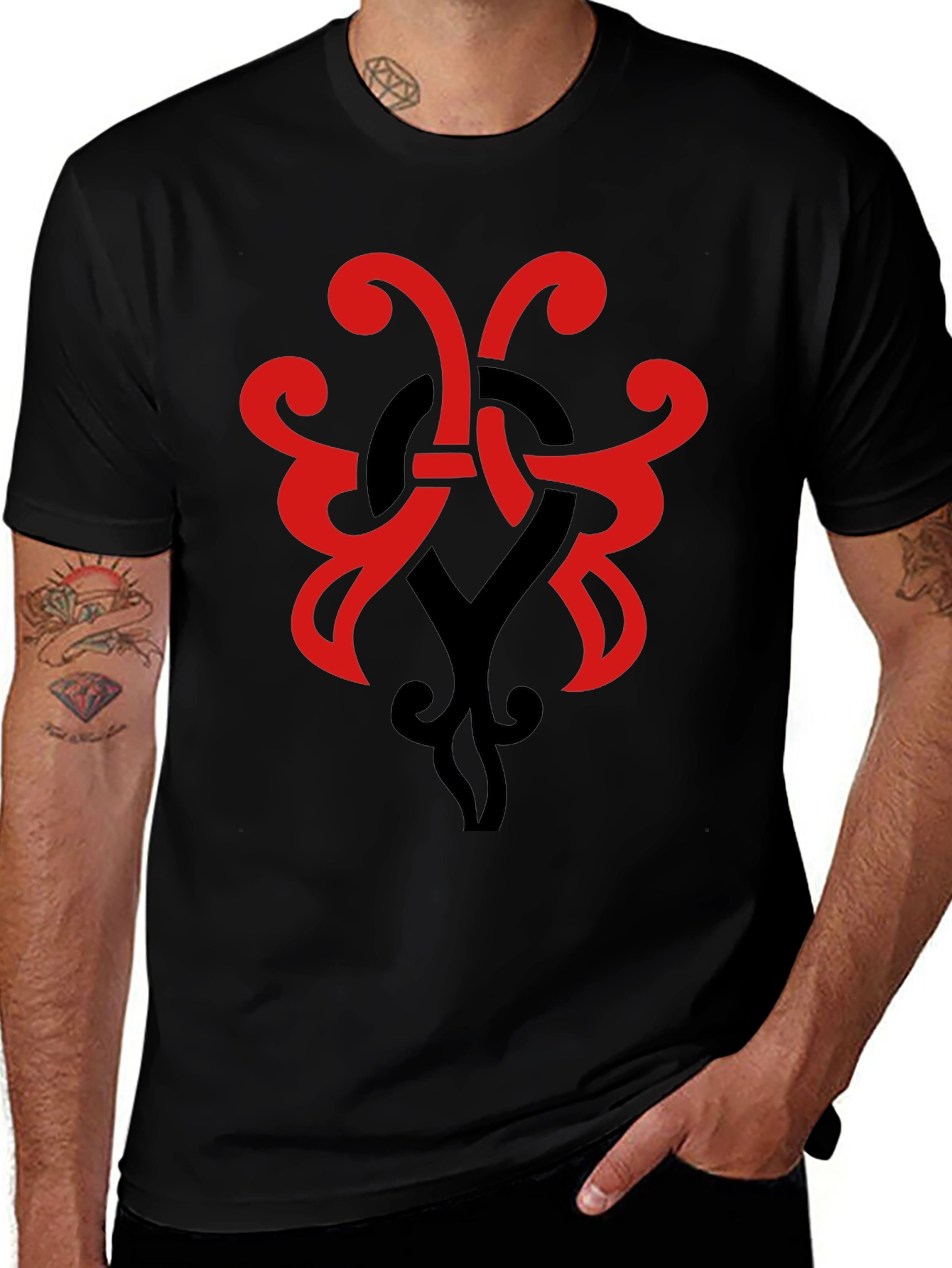 Stylish Black T-Shirt with Red & Black Tribal Design