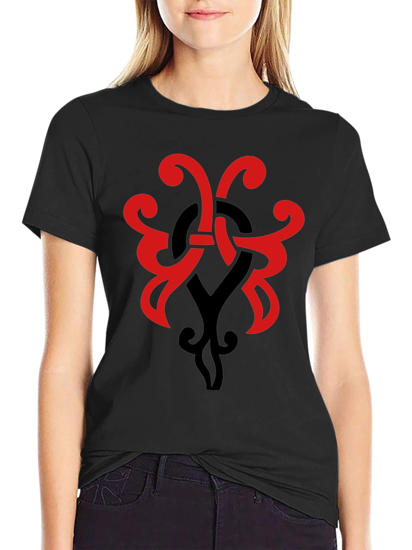 Stylish Black T-Shirt with Red & Black Tribal Design