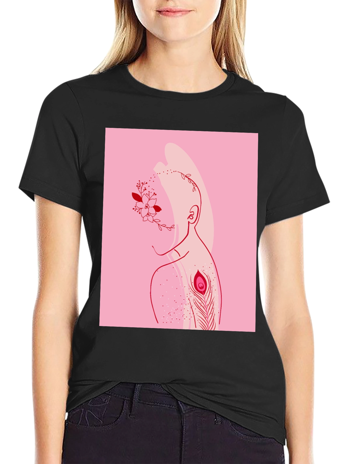 Modern Artistic T-Shirt: Floral & Peacock Design