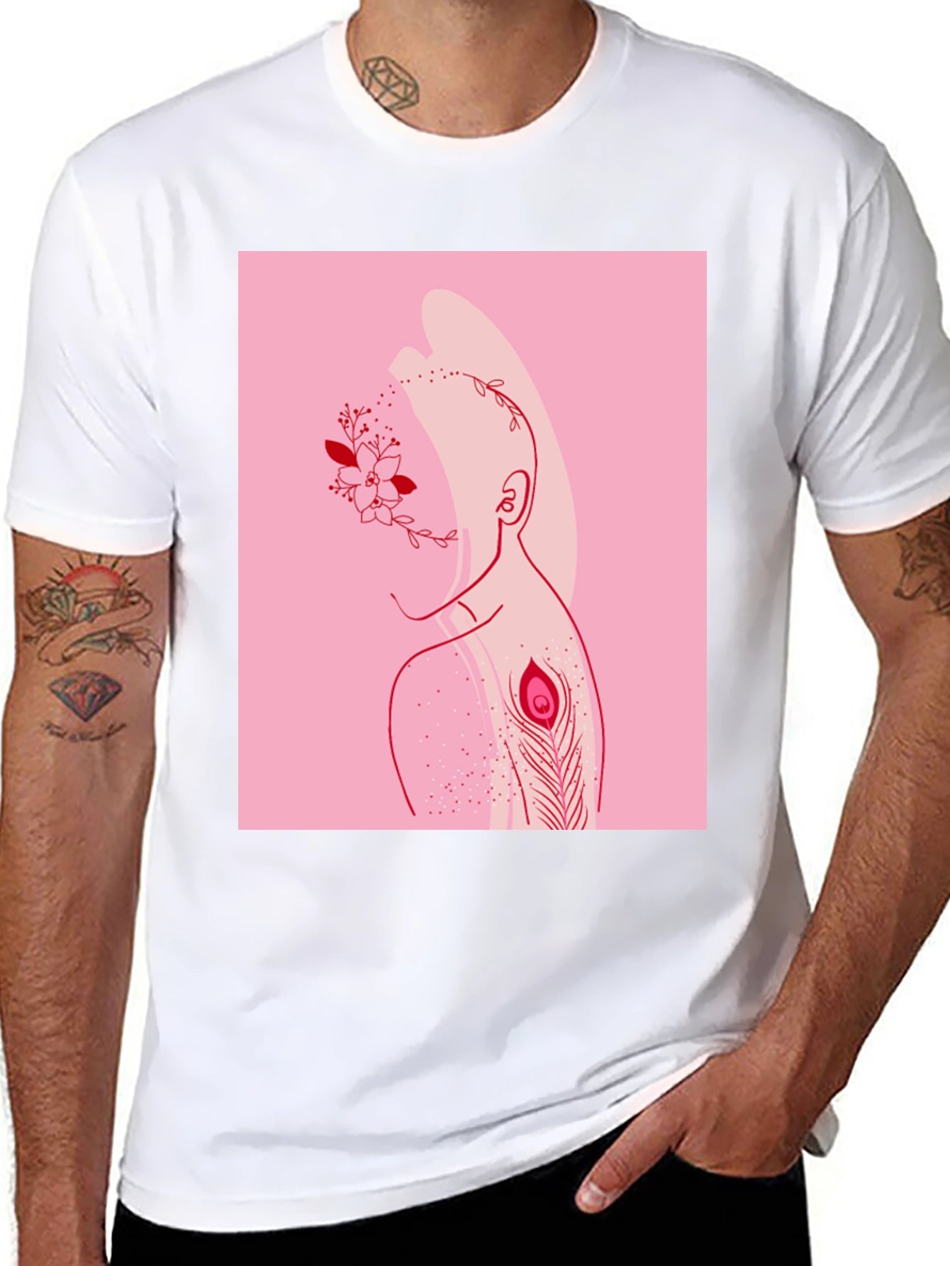 Modern Artistic T-Shirt: Floral & Peacock Design