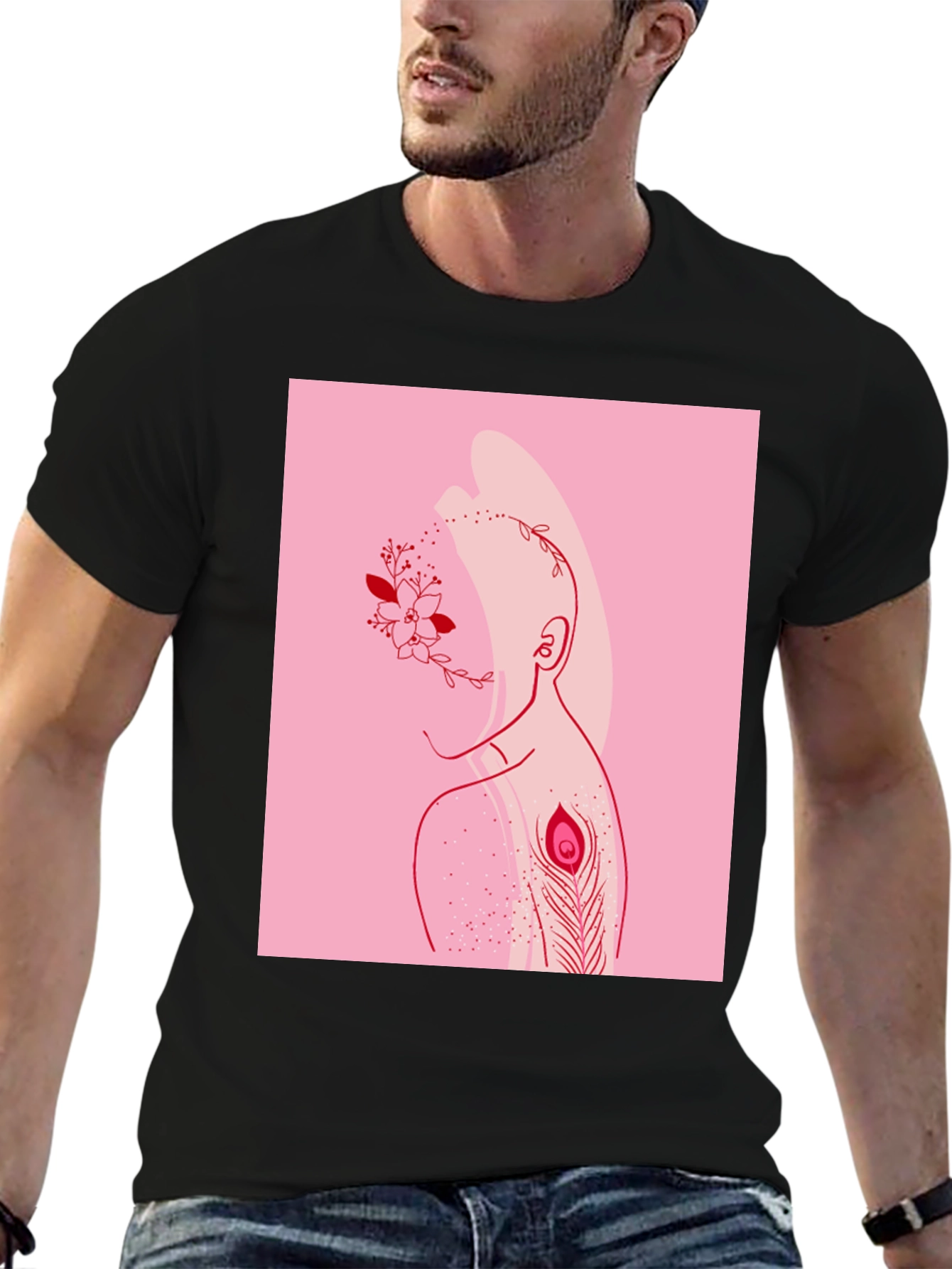 Modern Artistic T-Shirt: Floral & Peacock Design