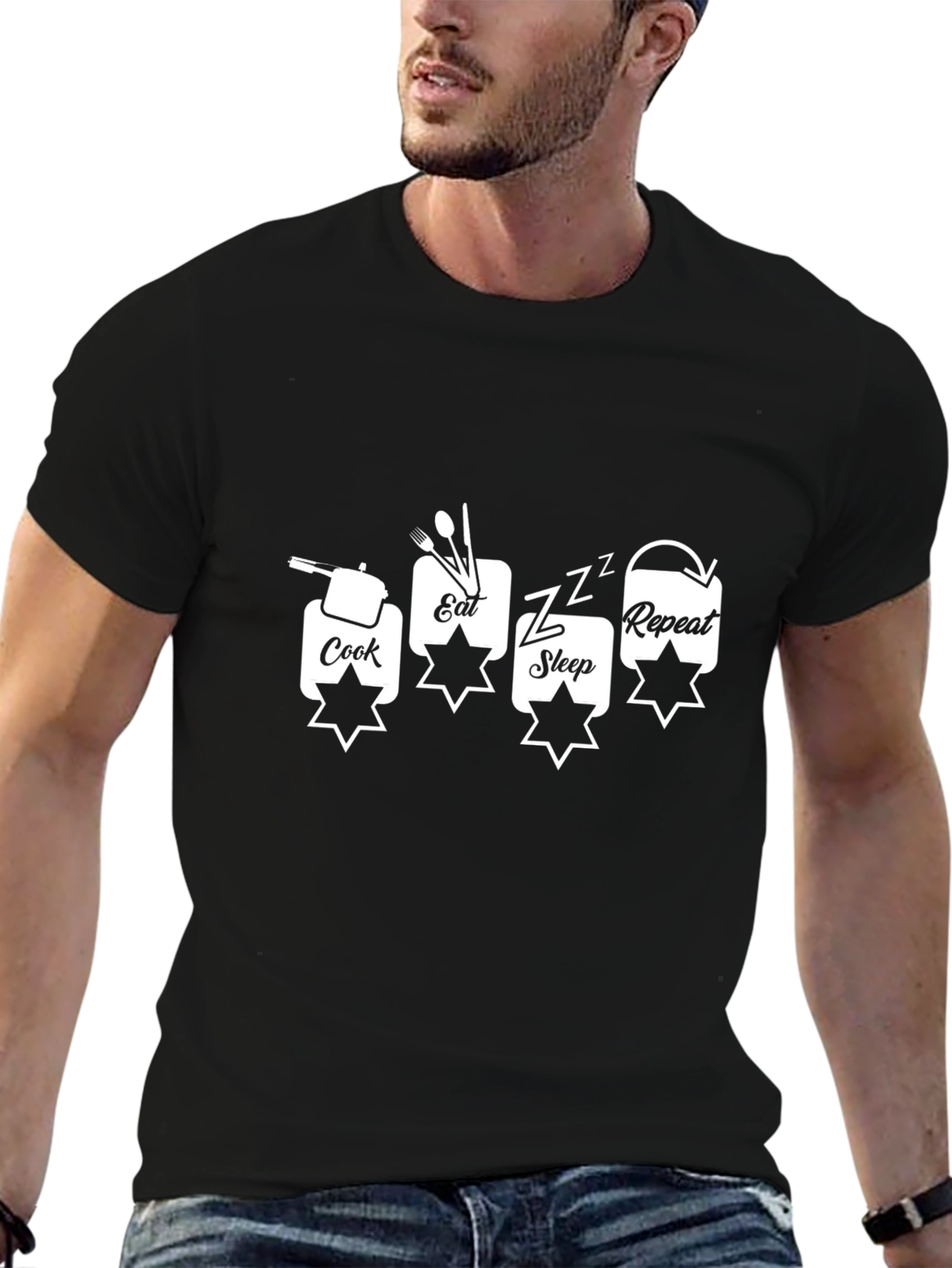 Cook Eat Sleep Repeat Mens Black T-Shirt