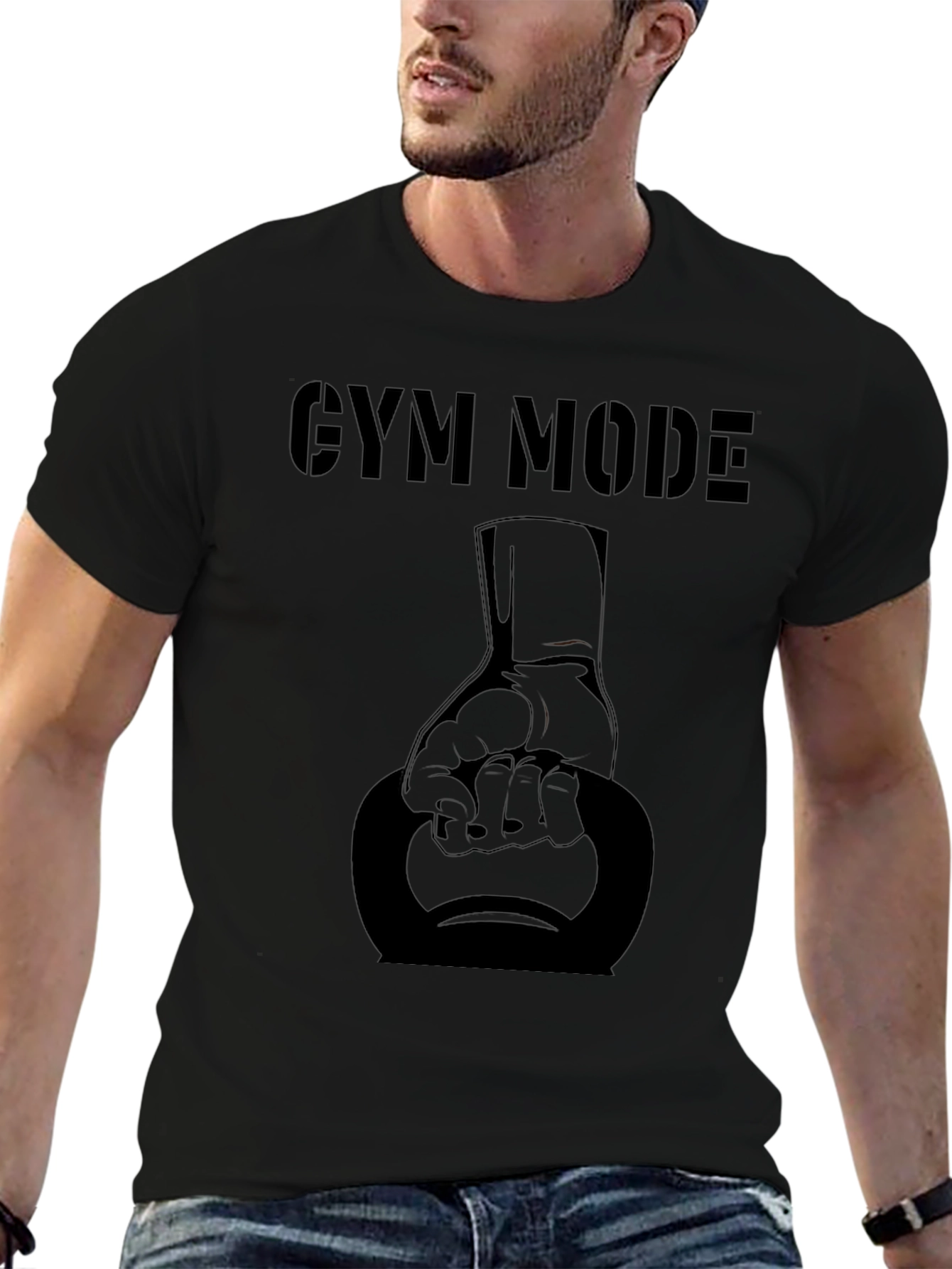 Gym Mode Black T-Shirt with Kettlebell Design