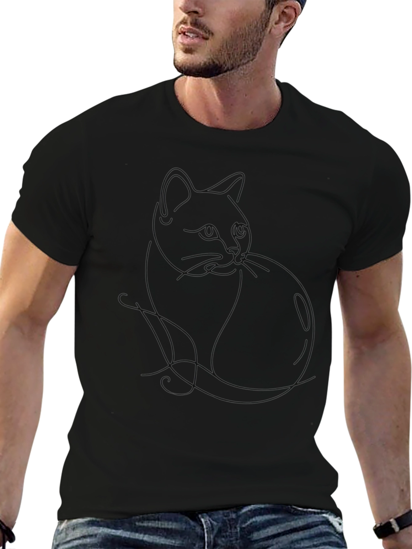 Minimalist Cat Outline Black T-Shirt