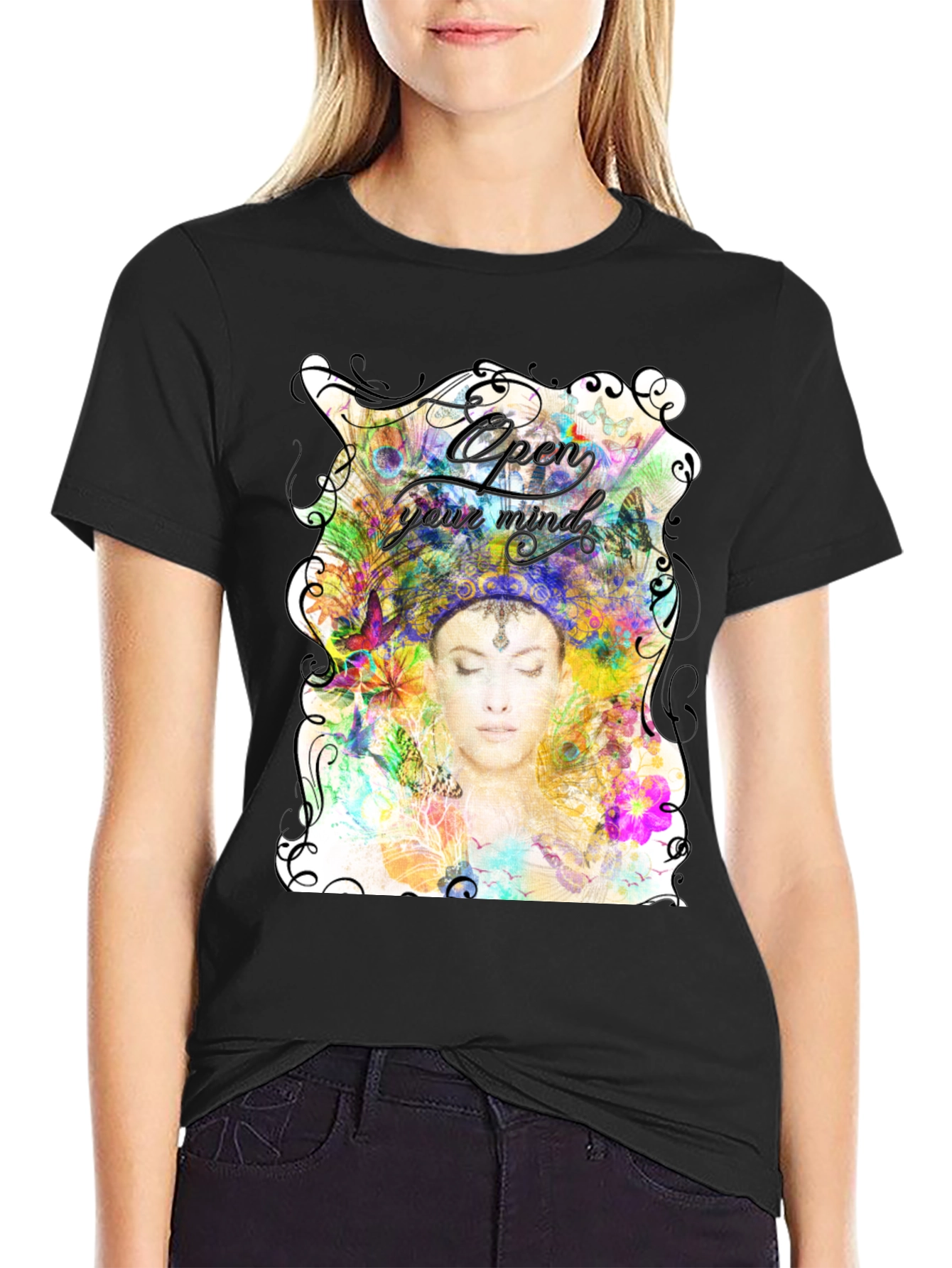 Open Mind Graphic Tee - Unisex Black Cotton T-Shirt