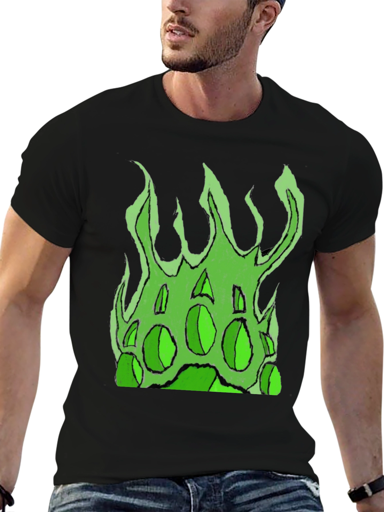 Green Fire Graphic Black T-Shirt