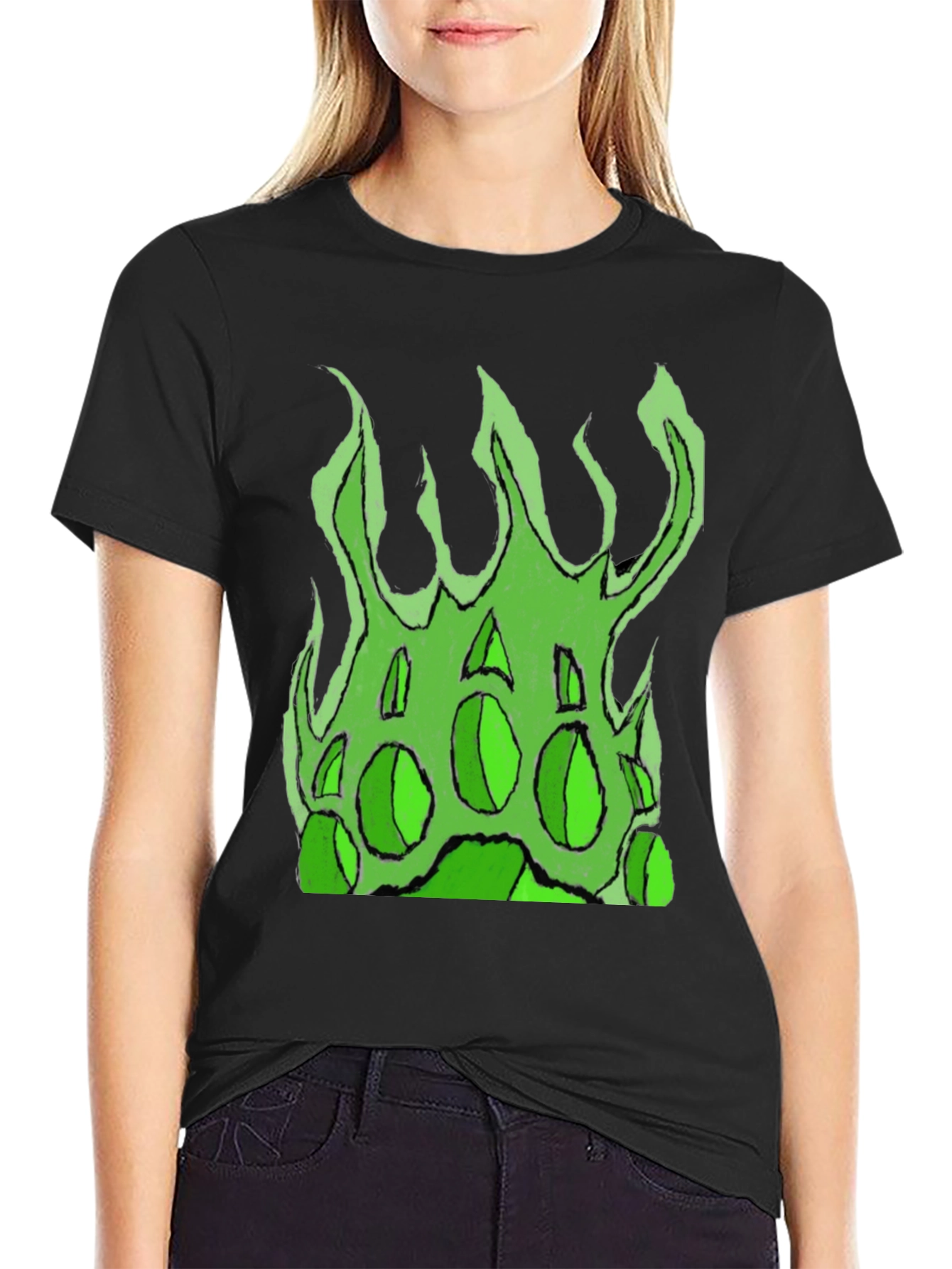 Green Fire Graphic Black T-Shirt