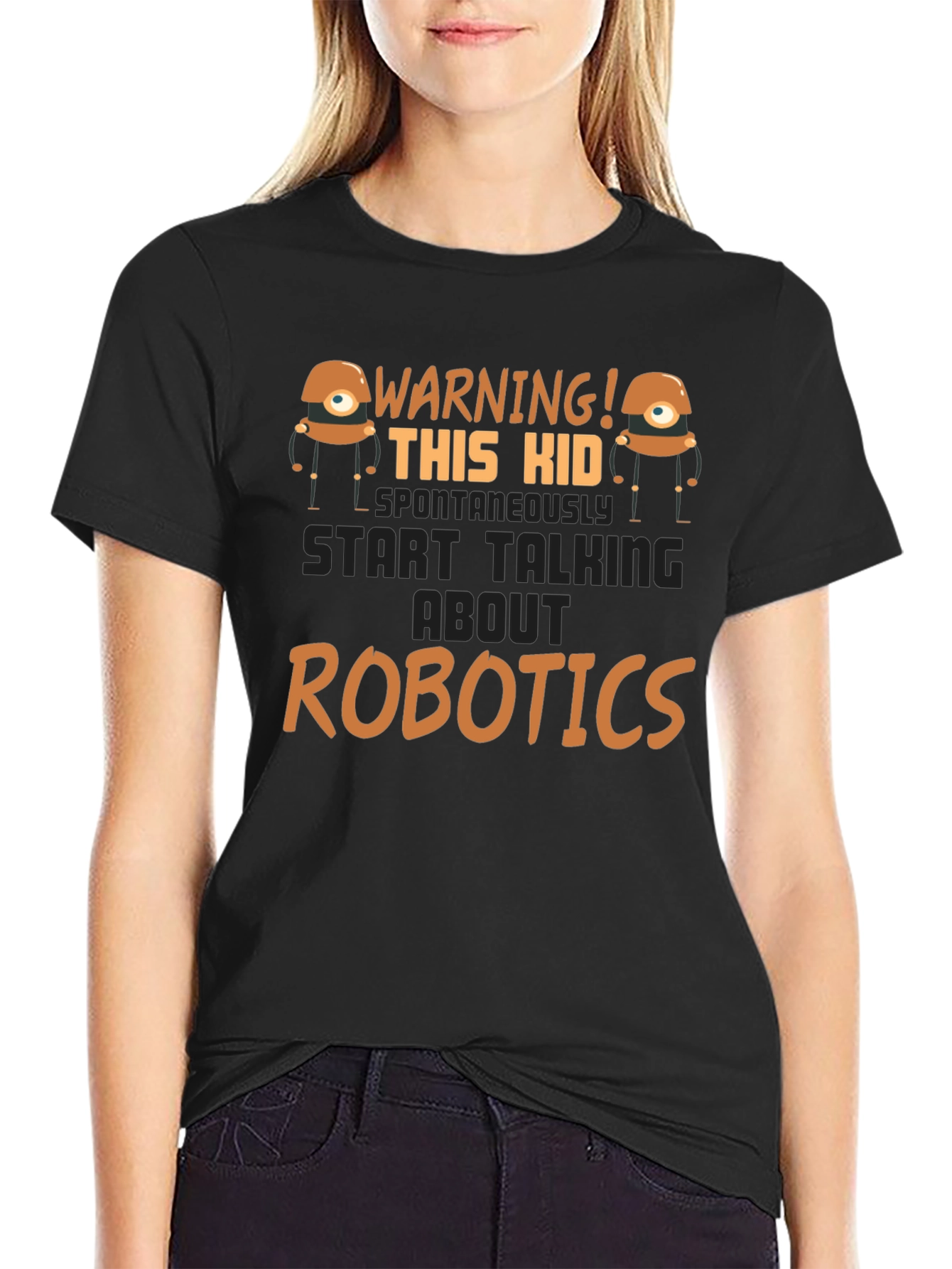 Warning! Robotics Kid Black Graphic T-Shirt
