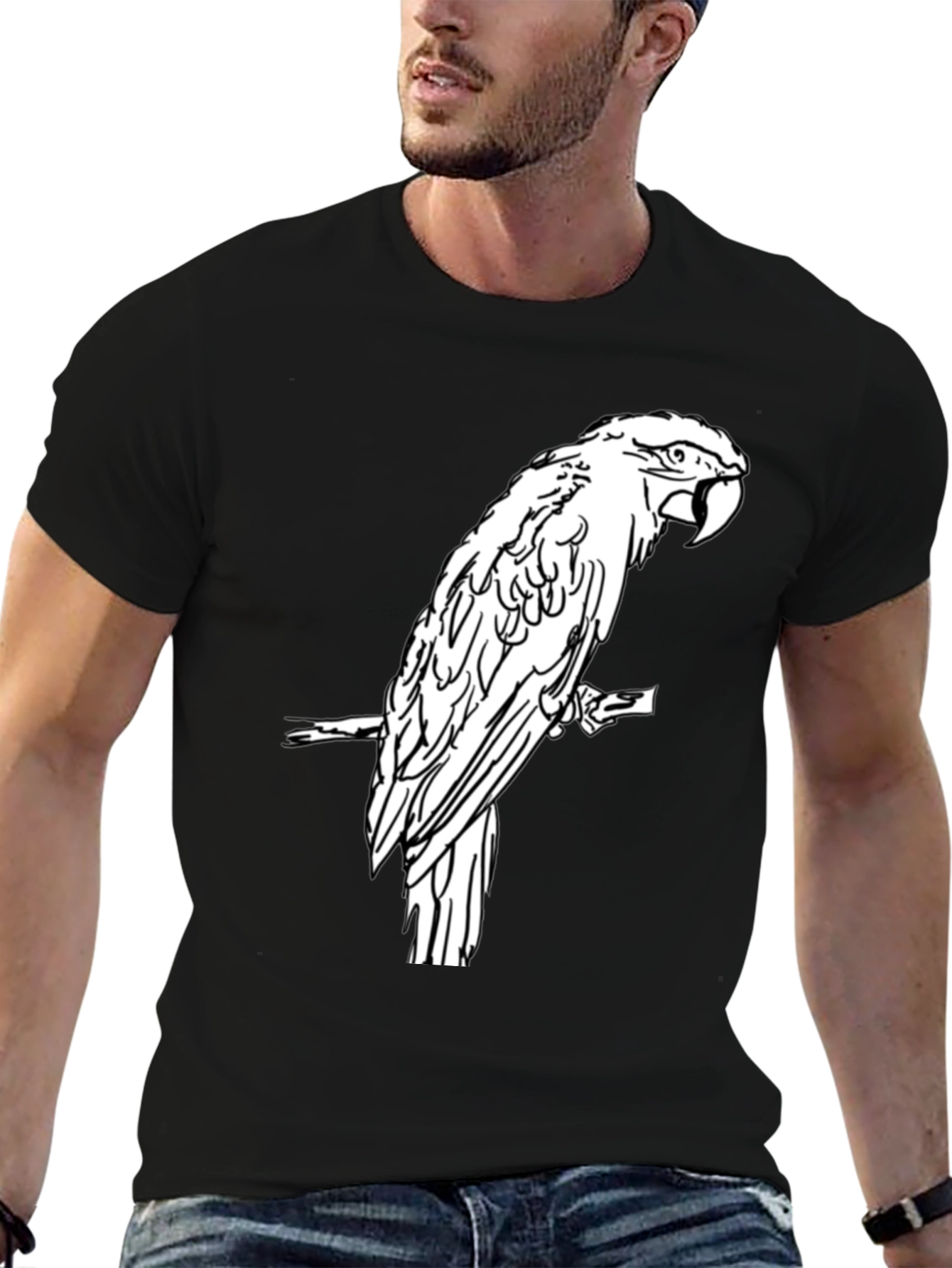 Black T-Shirt with White Parrot Graphic