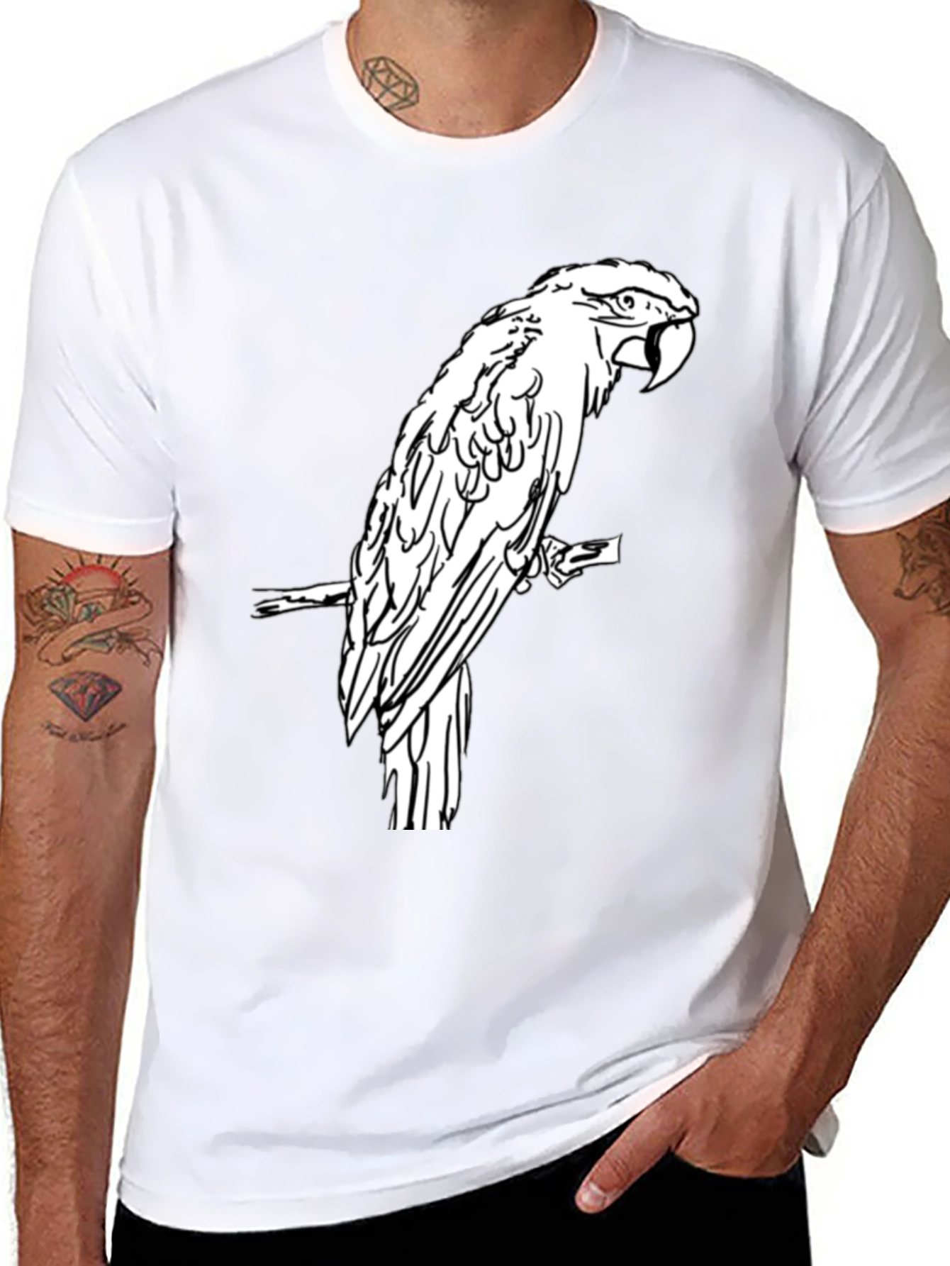 Black T-Shirt with White Parrot Graphic