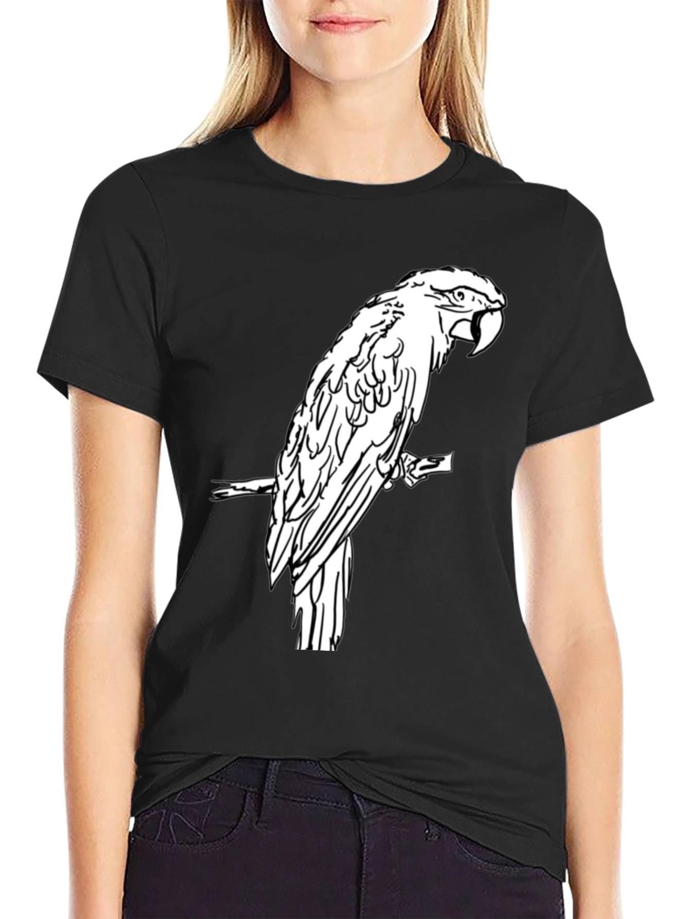 Black T-Shirt with White Parrot Graphic