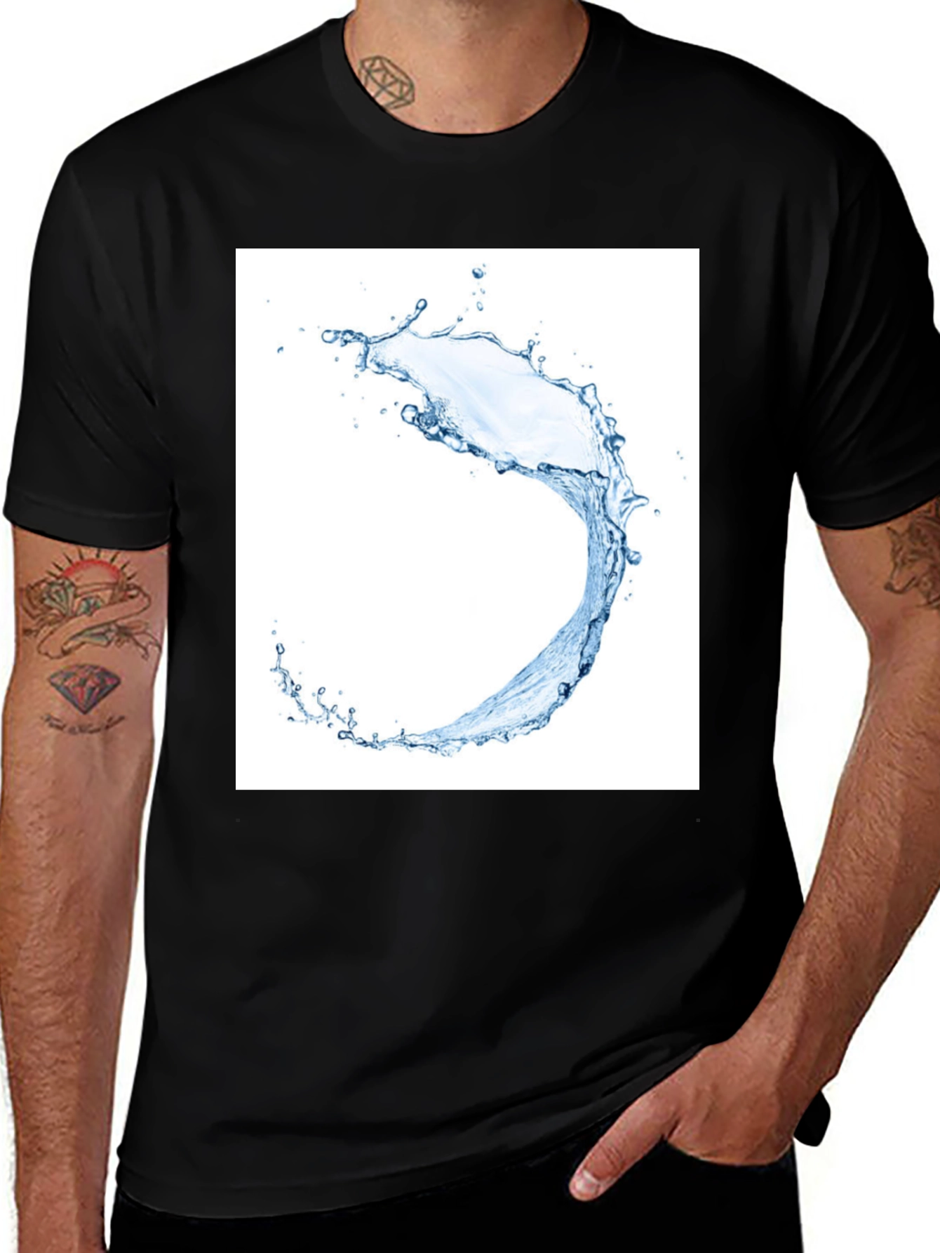 Water Splash Graphic Tee - Black Cotton T-Shirt