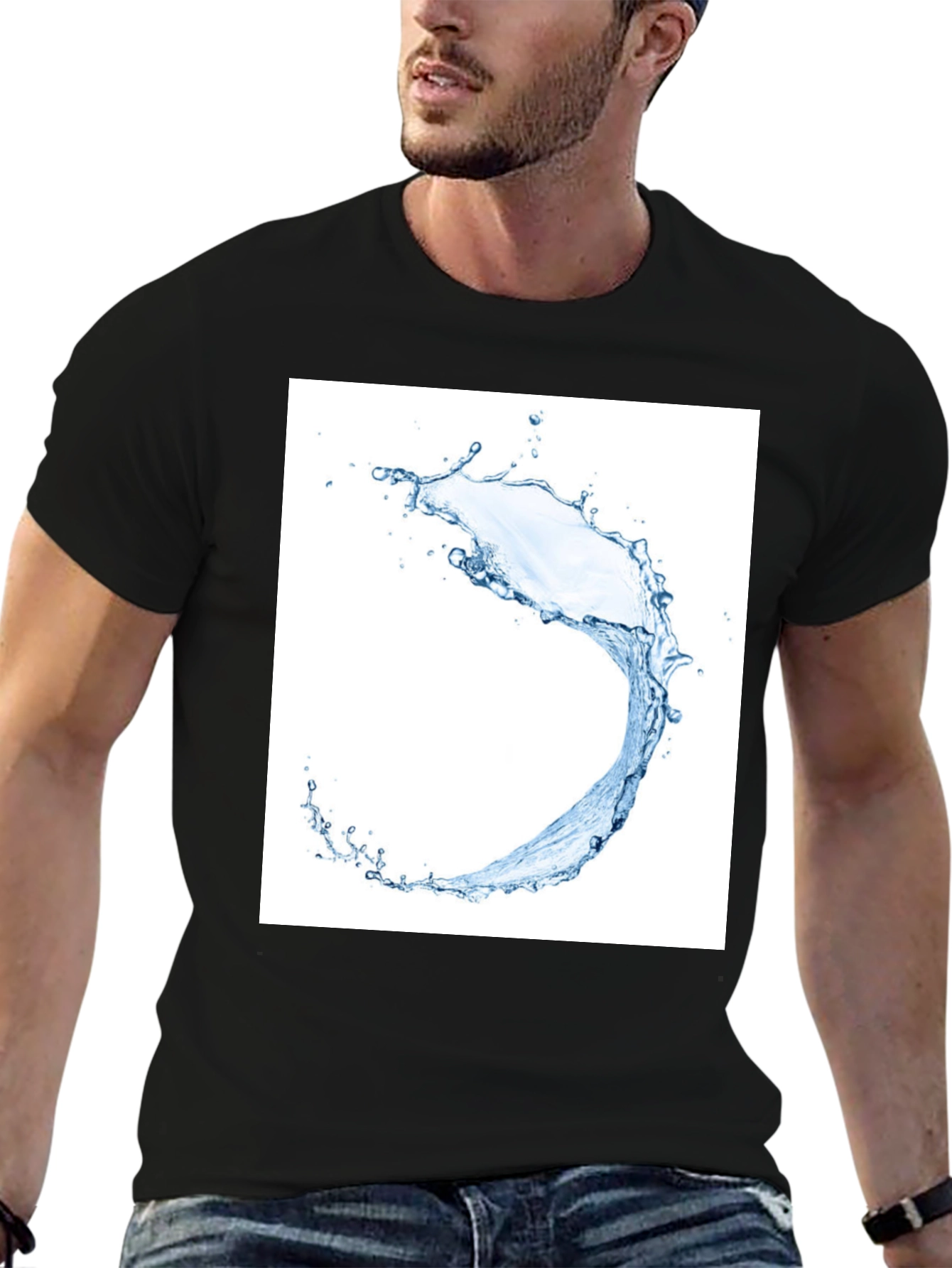 Water Splash Graphic Tee - Black Cotton T-Shirt