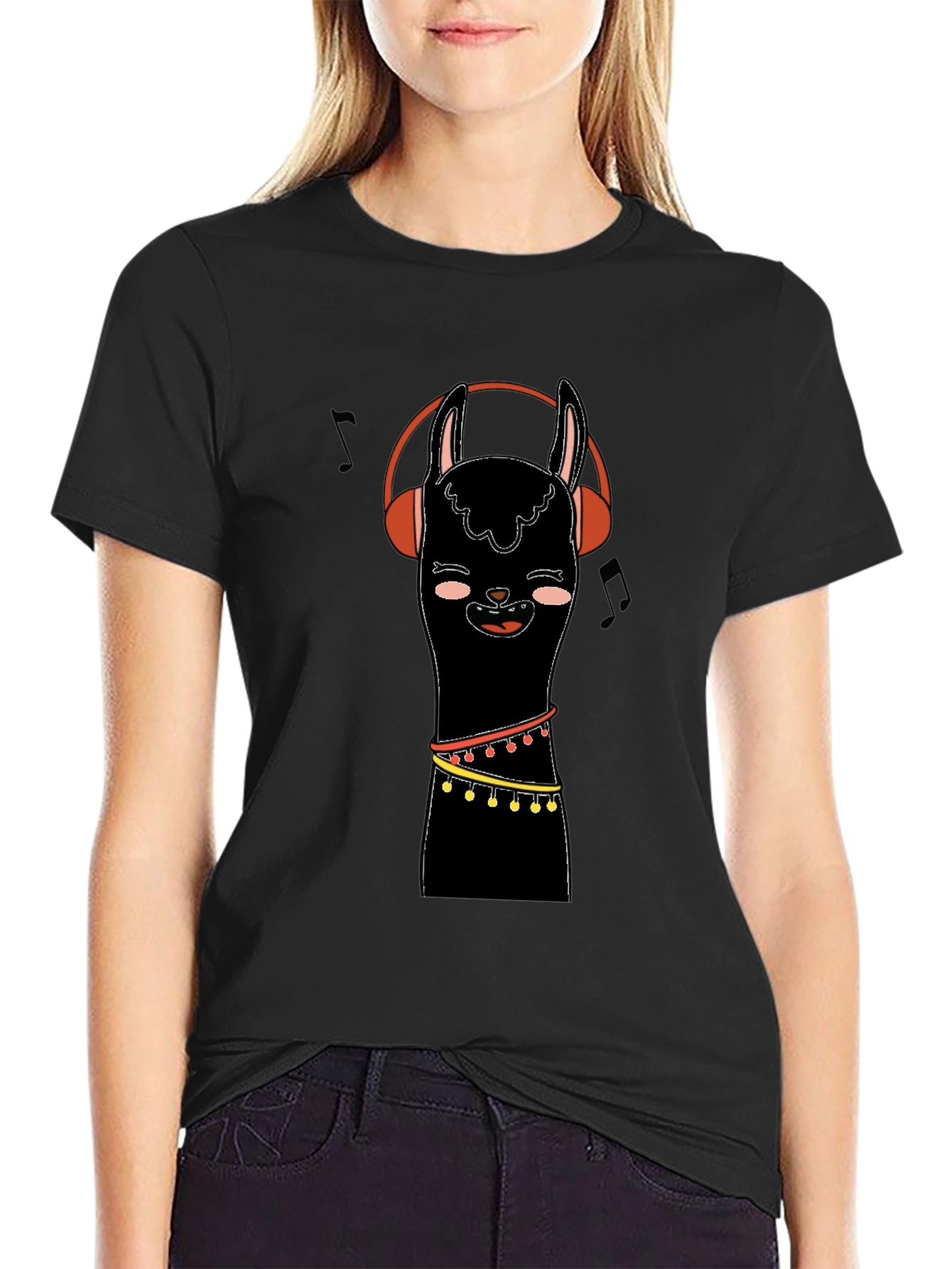 Llama with Headphones Graphic Tee - Black