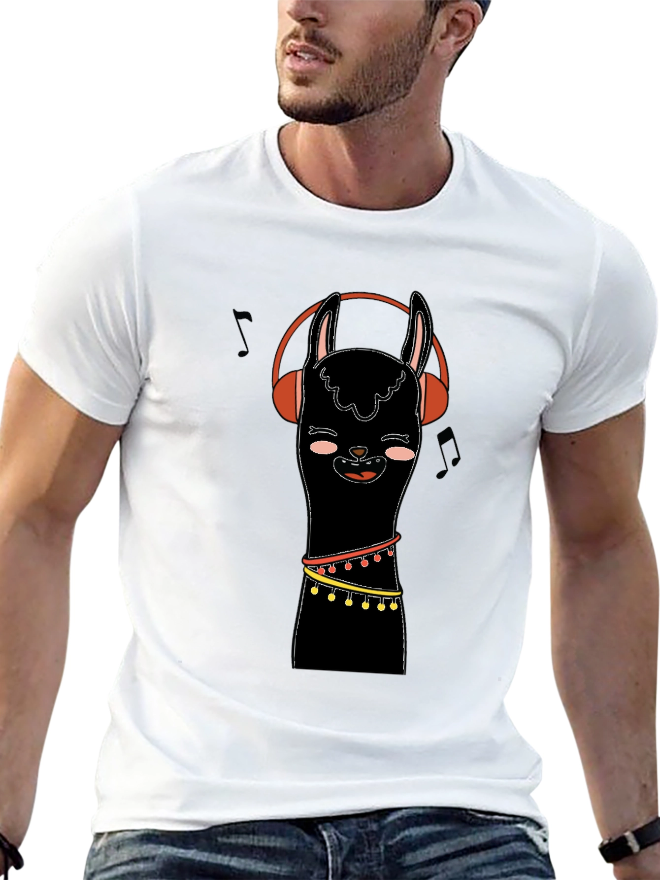 Llama with Headphones Graphic Tee - Black