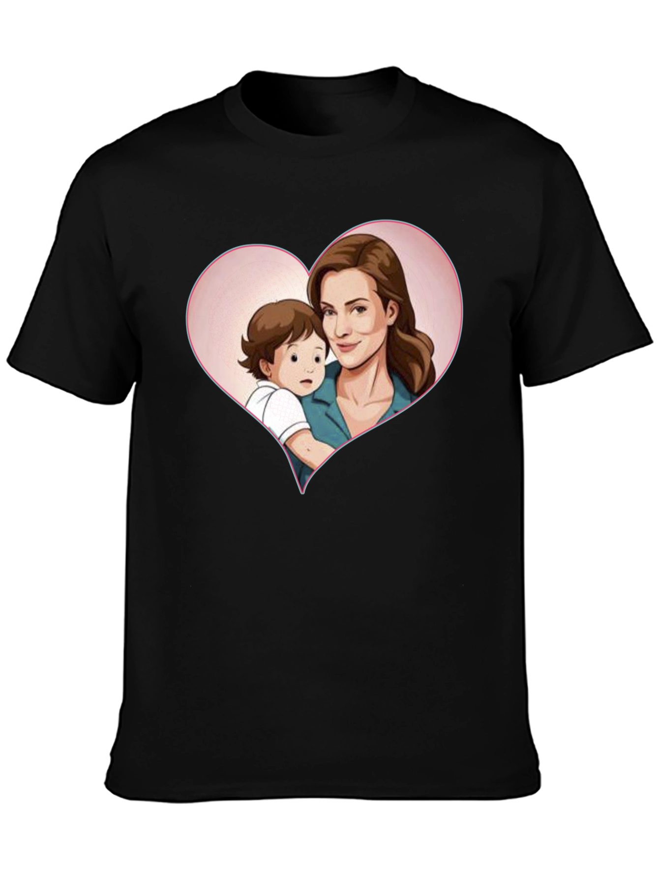 Heartwarming Mother & Child Cartoon Print Black Tee