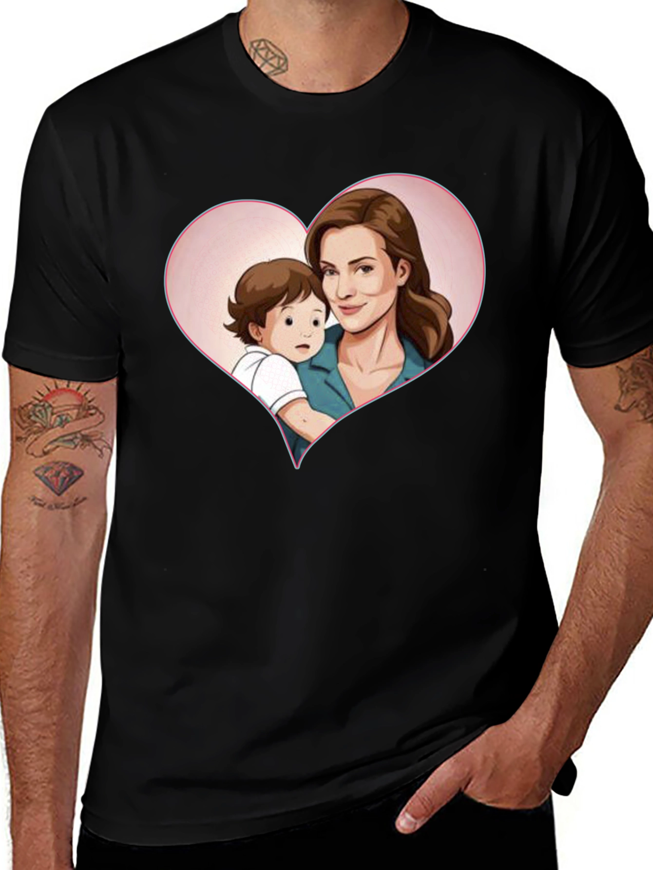 Heartwarming Mother & Child Cartoon Print Black Tee