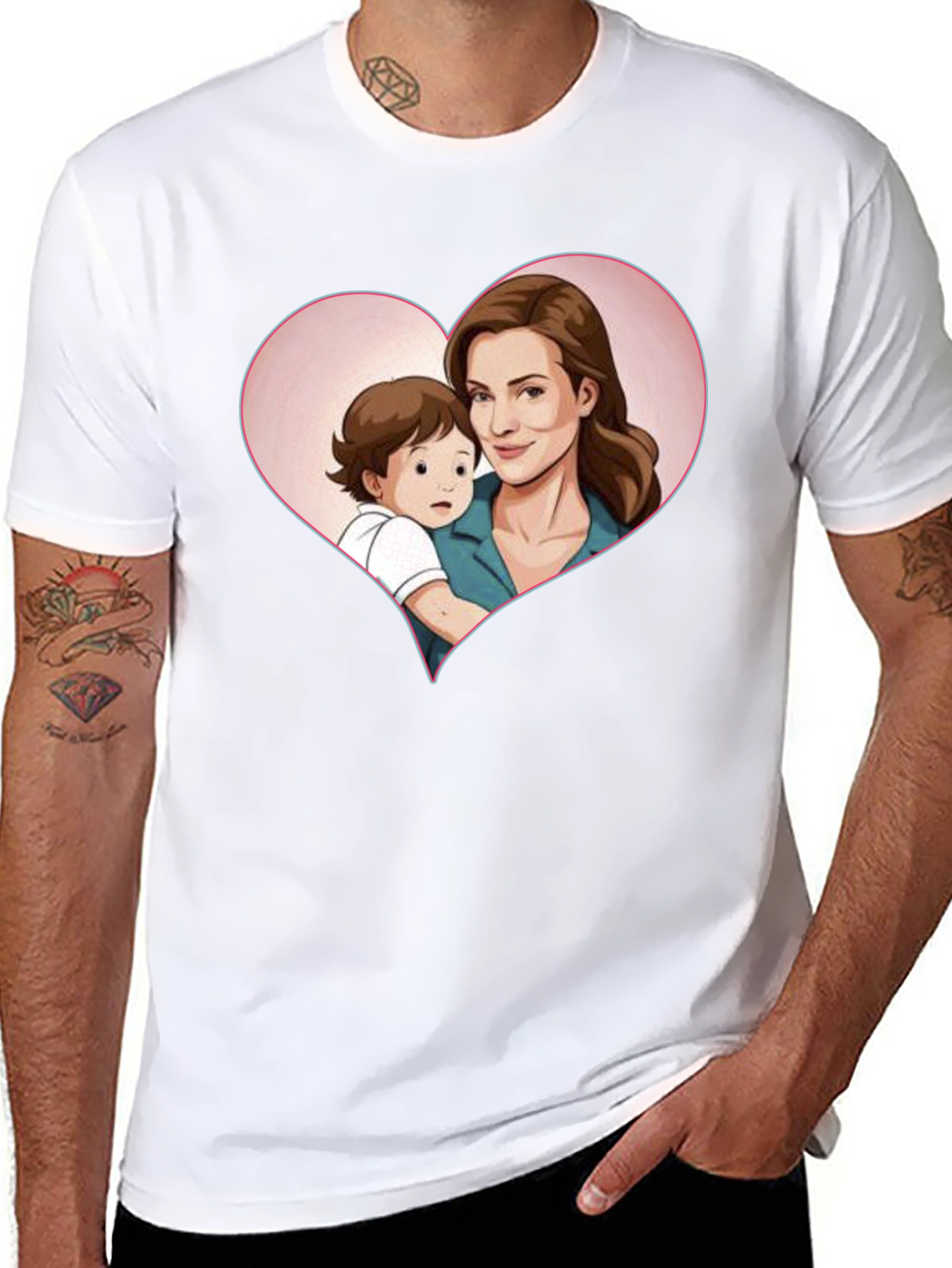 Heartwarming Mother & Child Cartoon Print Black Tee
