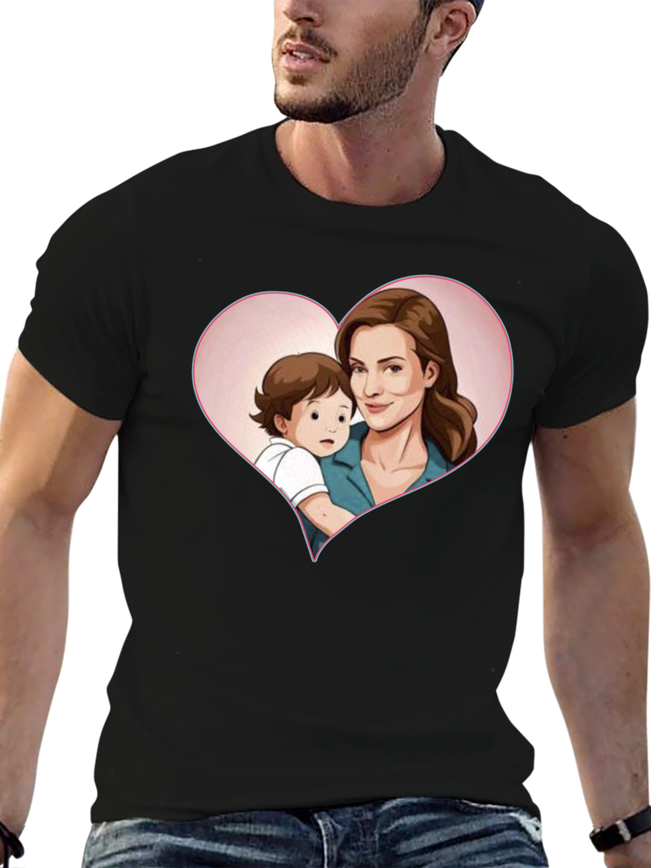 Heartwarming Mother & Child Cartoon Print Black Tee