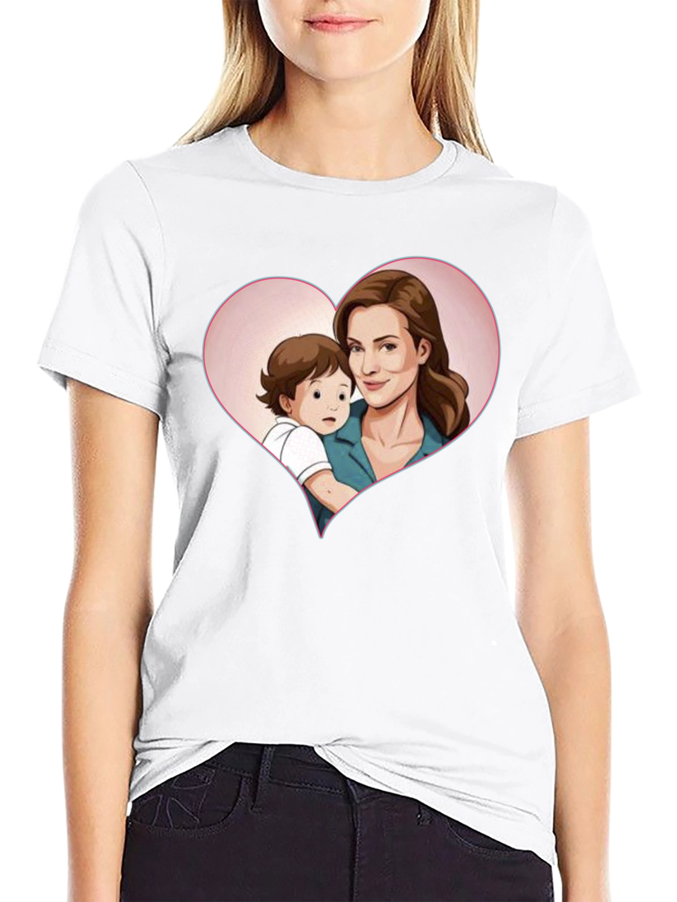 Heartwarming Mother & Child Cartoon Print Black Tee