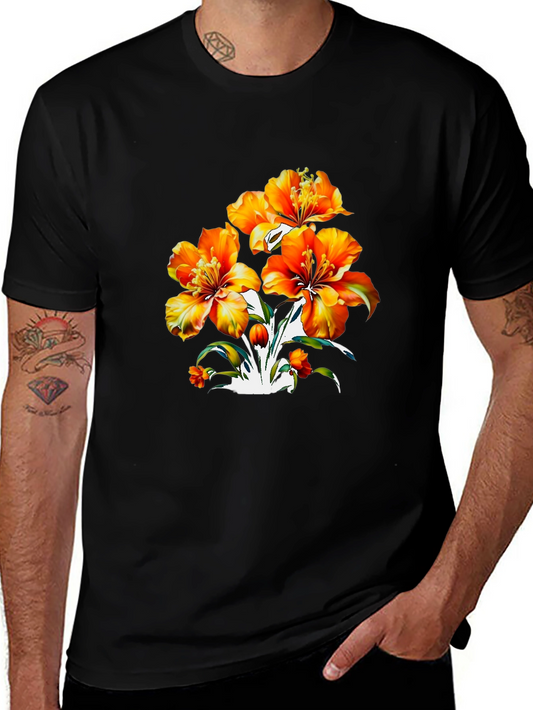 Floral Print Black T-Shirt - Vibrant Orange Flowers
