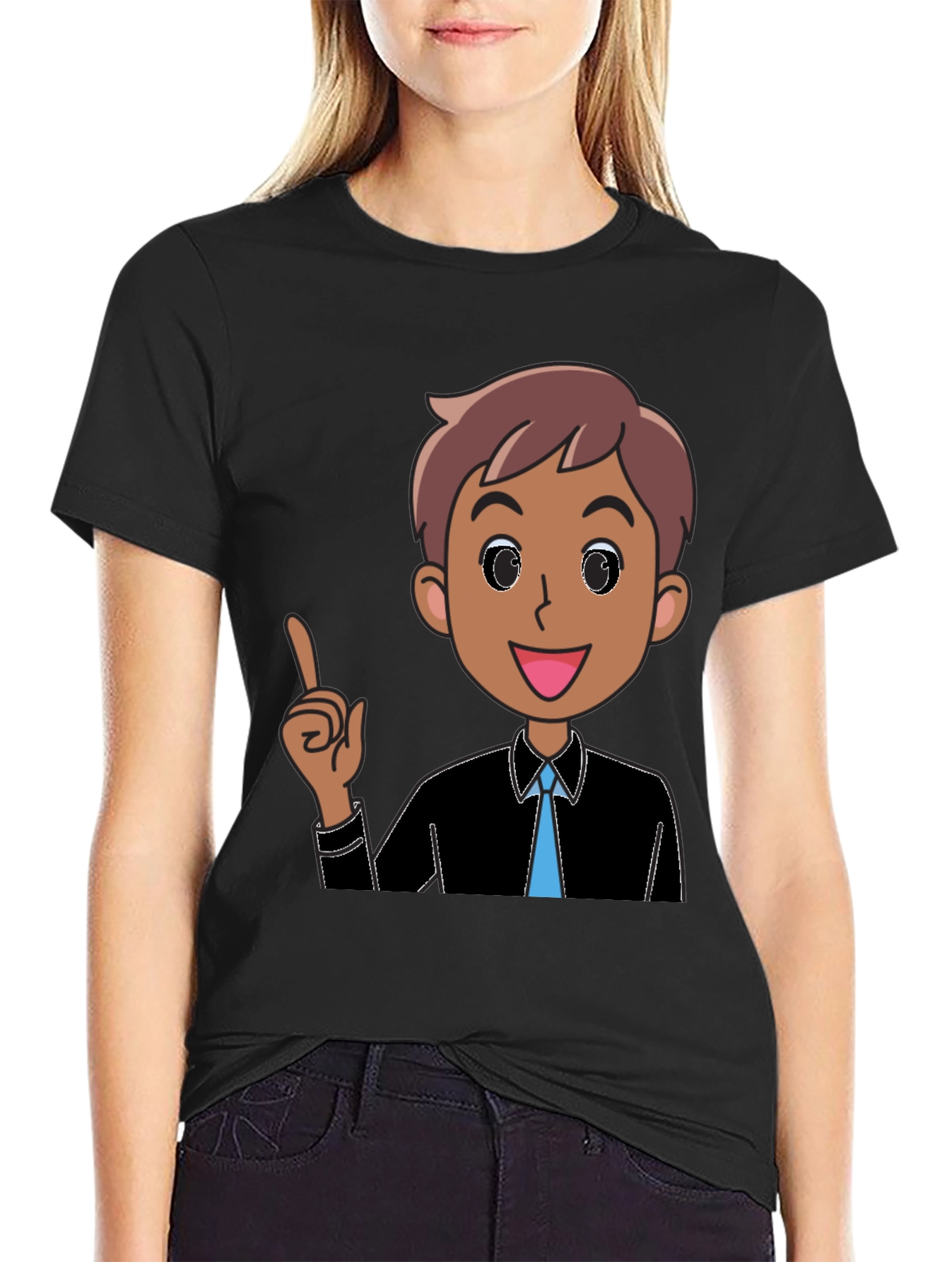 Cartoon Man Graphic Tee - Black Cotton T-Shirt