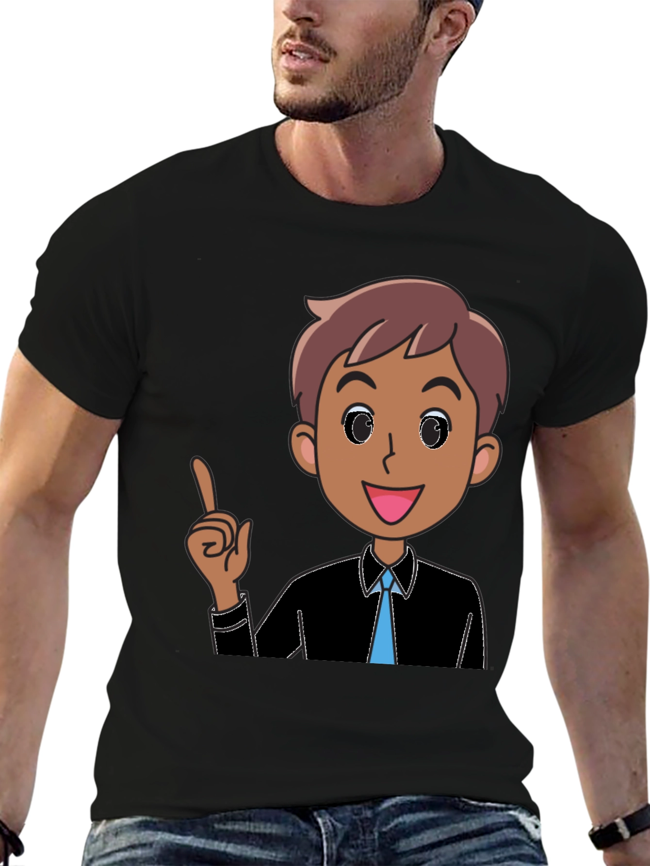 Cartoon Man Graphic Tee - Black Cotton T-Shirt