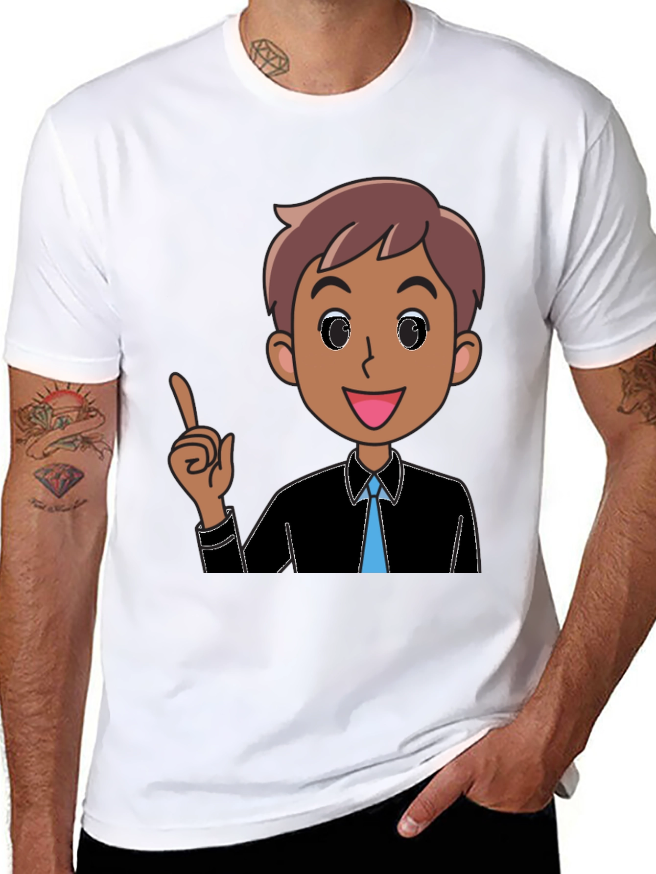 Cartoon Man Graphic Tee - Black Cotton T-Shirt