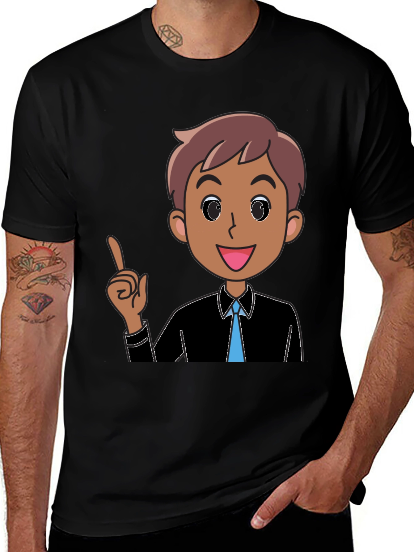 Cartoon Man Graphic Tee - Black Cotton T-Shirt