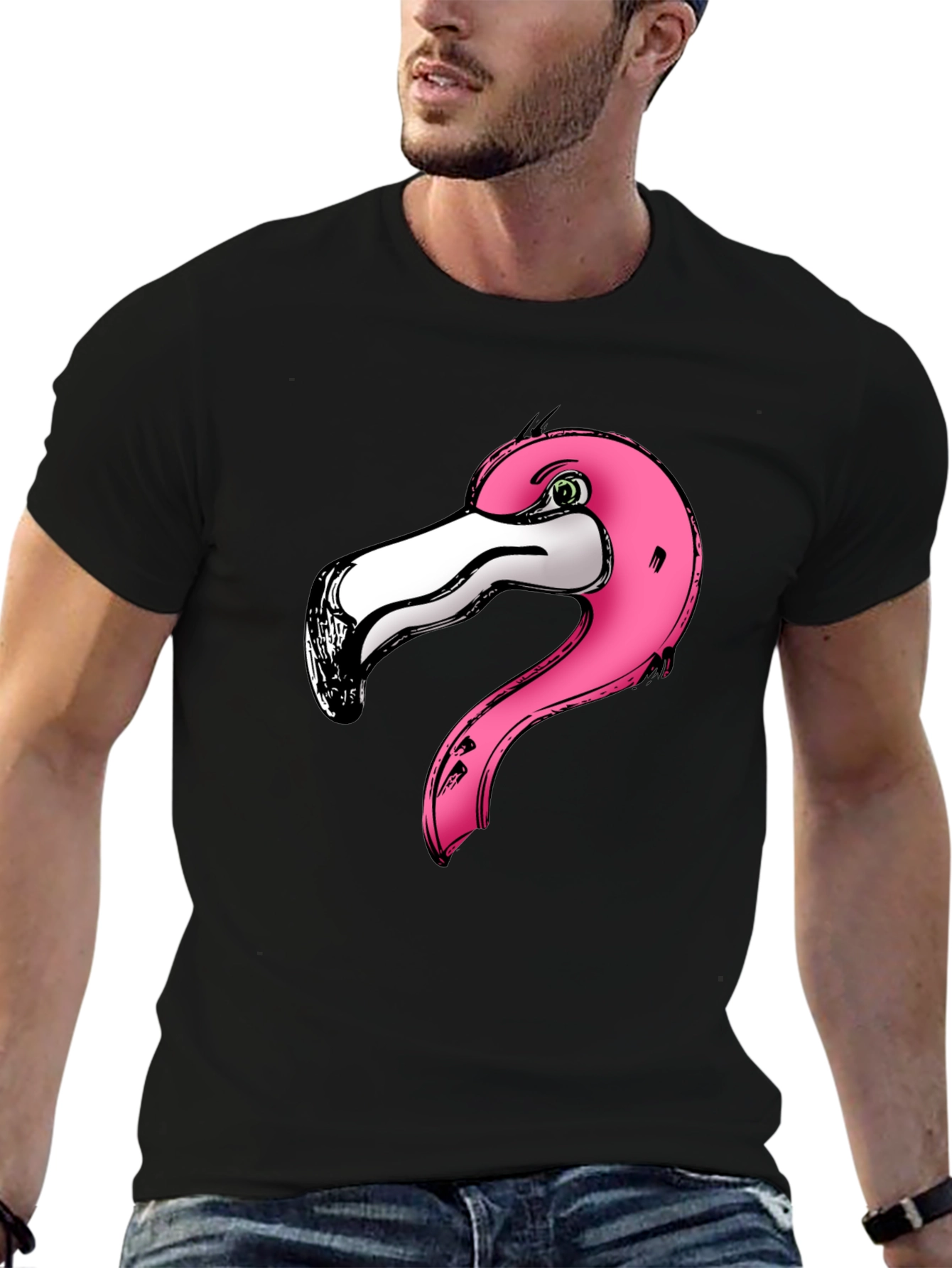 Pink Flamingo Graphic Print Black T-Shirt