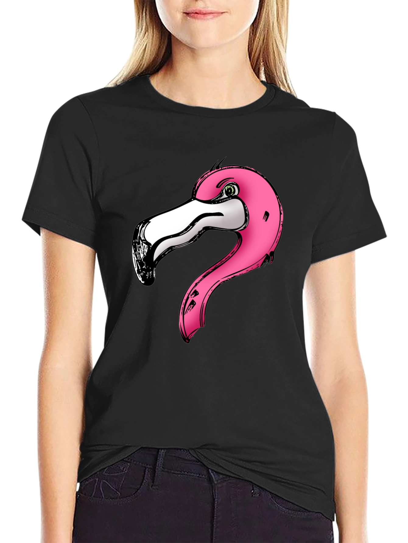 Pink Flamingo Graphic Print Black T-Shirt