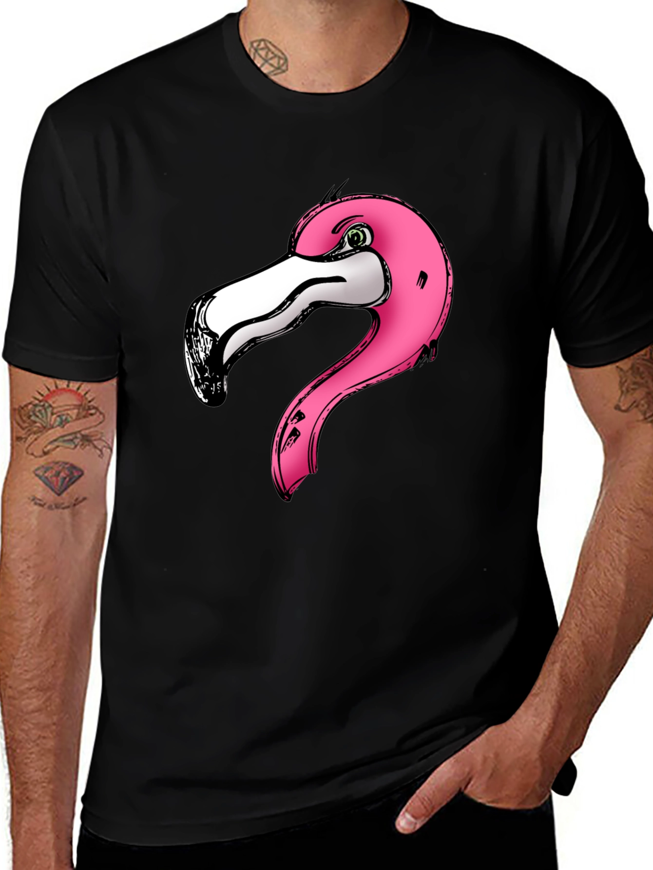 Pink Flamingo Graphic Print Black T-Shirt