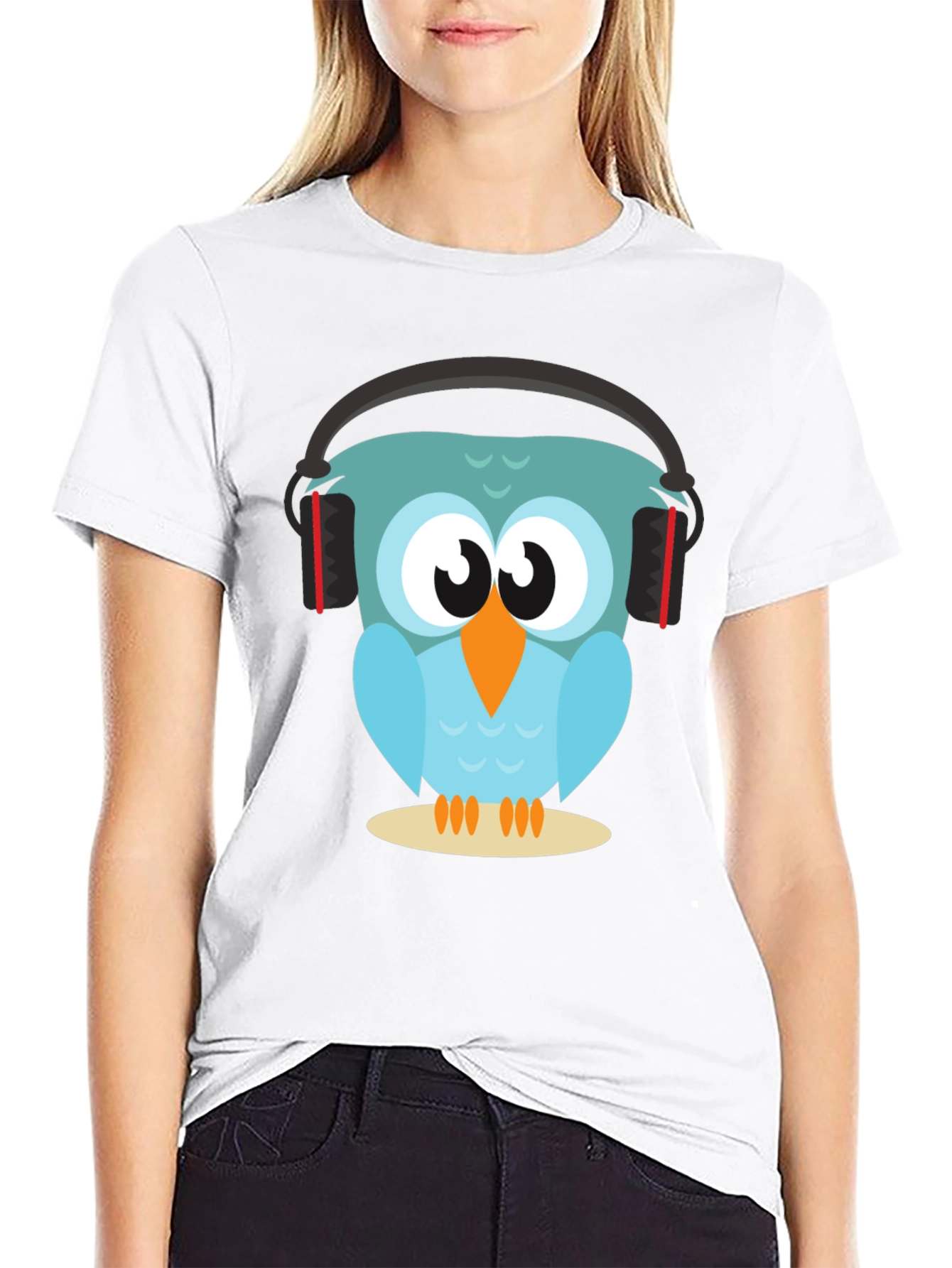 Owl With Headphones Graphic Tee - Black