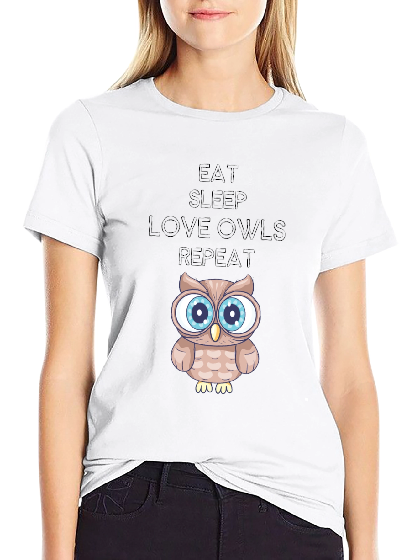 Eat Sleep Love Owls Repeat Black Graphic Tee