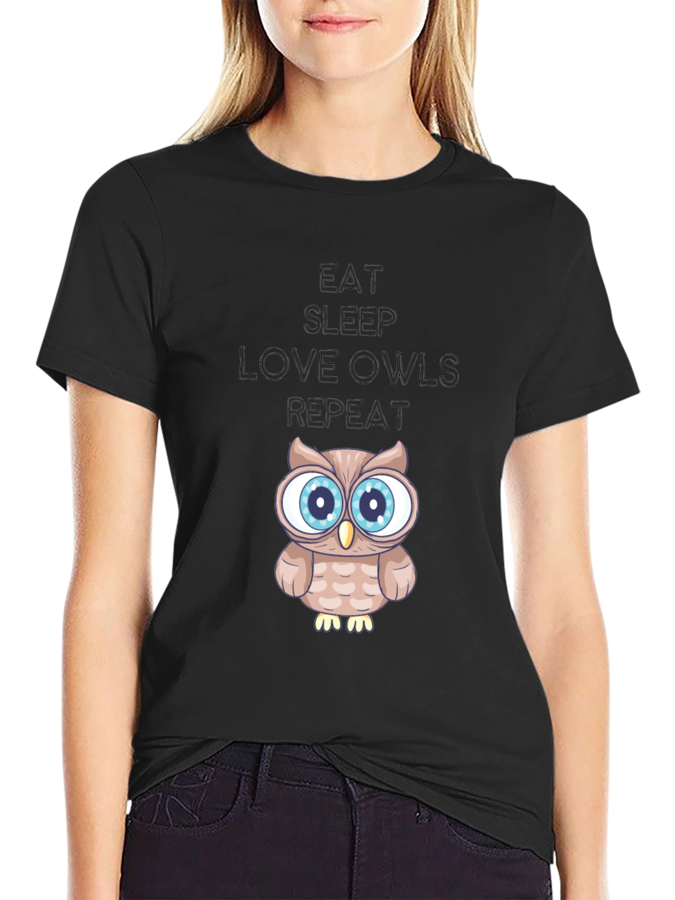 Eat Sleep Love Owls Repeat Black Graphic Tee