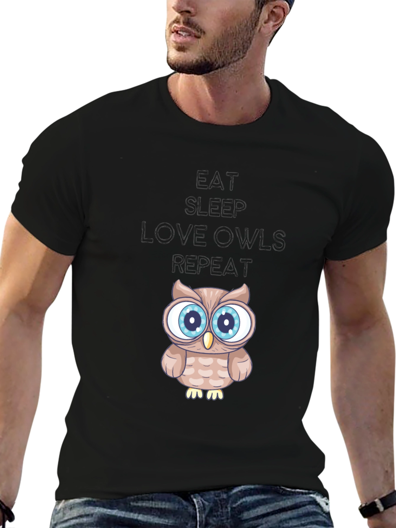 Eat Sleep Love Owls Repeat Black Graphic Tee