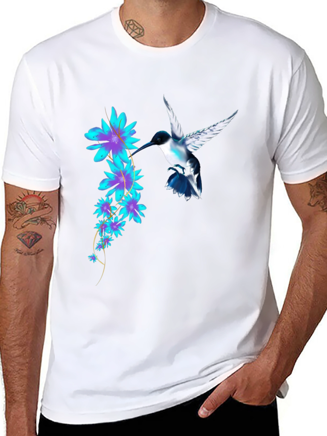 Hummingbird & Floral Print Black T-Shirt